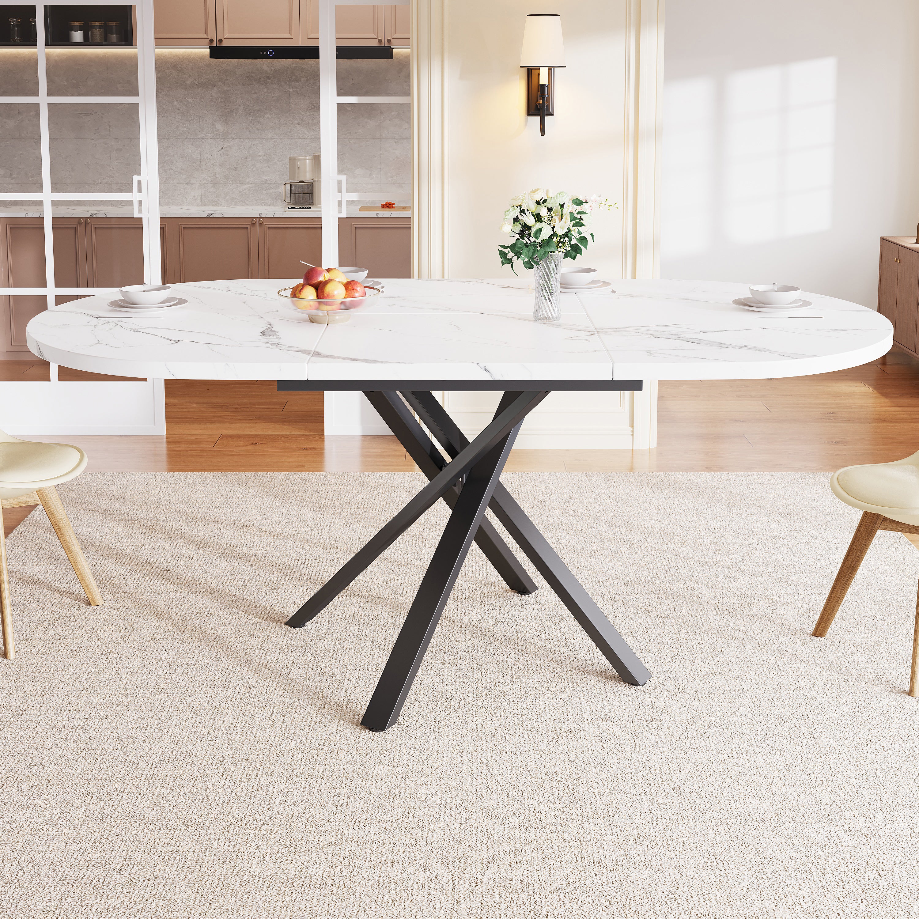 Extendable dining table 100-140cm, round-oval table, stable X-metal frame, adjustable feet, white&black