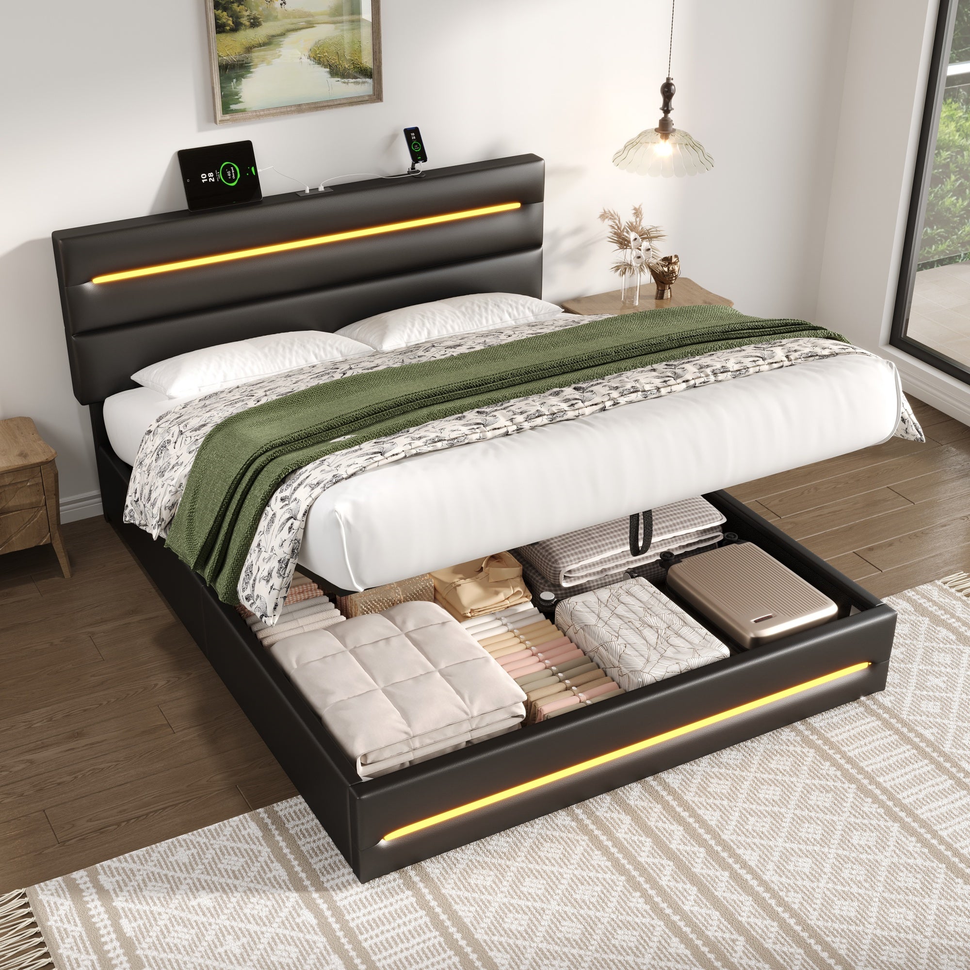4ft6 Double Upholstered Bed Frame with Hydraulic Storage, PU Ottoman Bed with LED Lighting and Charging Station, LED Adjustable Headboard with USB and Type - C Ports, Black (No Mattress)