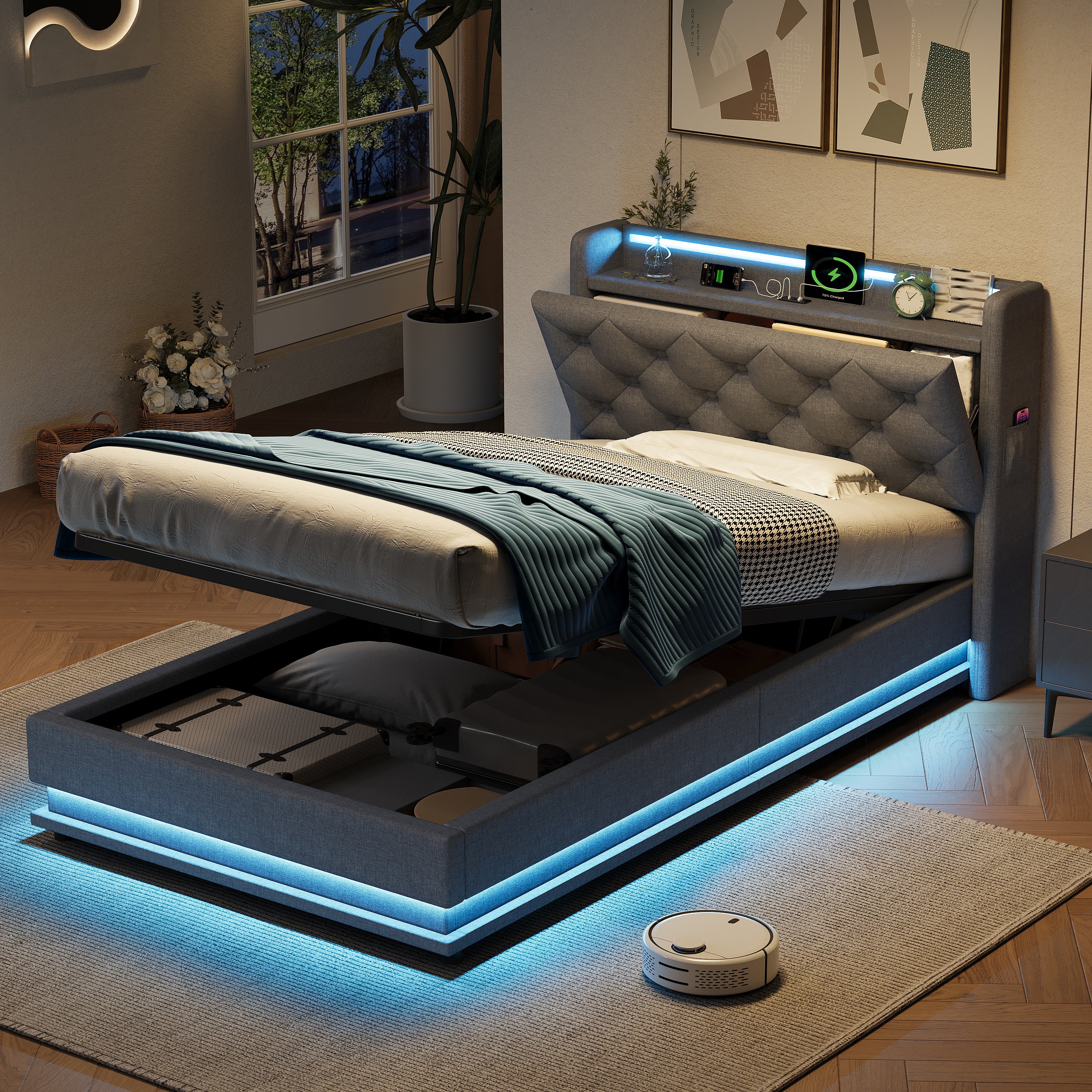 3ft Single Upholstered Bed Frame with Hydraulic Storage, LED Button Tufted Headboard with Charging Station and Concealed Headboard Storage, USB and Type-C Ports, Linen, Grey (No Mattress)