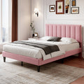 4ft6 Double Upholstered Velvet Bed Frame, with Adjustable Channel Tufted Headboard, Velvet Platform Bed Frame with Solid Wood Slat and Mute Foam, No Box Spring Needed, Easy Assembly, Pink