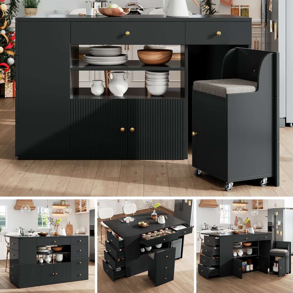 Adjustable Kitchen Island with Bar Stools - Sideboard & Cabinet with 6 Drawers, Width 140-70cm, White/Black