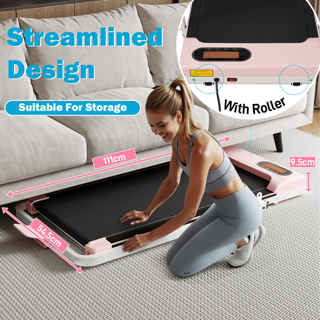 Folding Treadmill with Handrail & Adjustable Incline, 1-10 km/h Running Machine, Space Saving Low Noise Design, LED Display, Phone Holder, Remote Control, Transport Wheels & Plug, Pink.