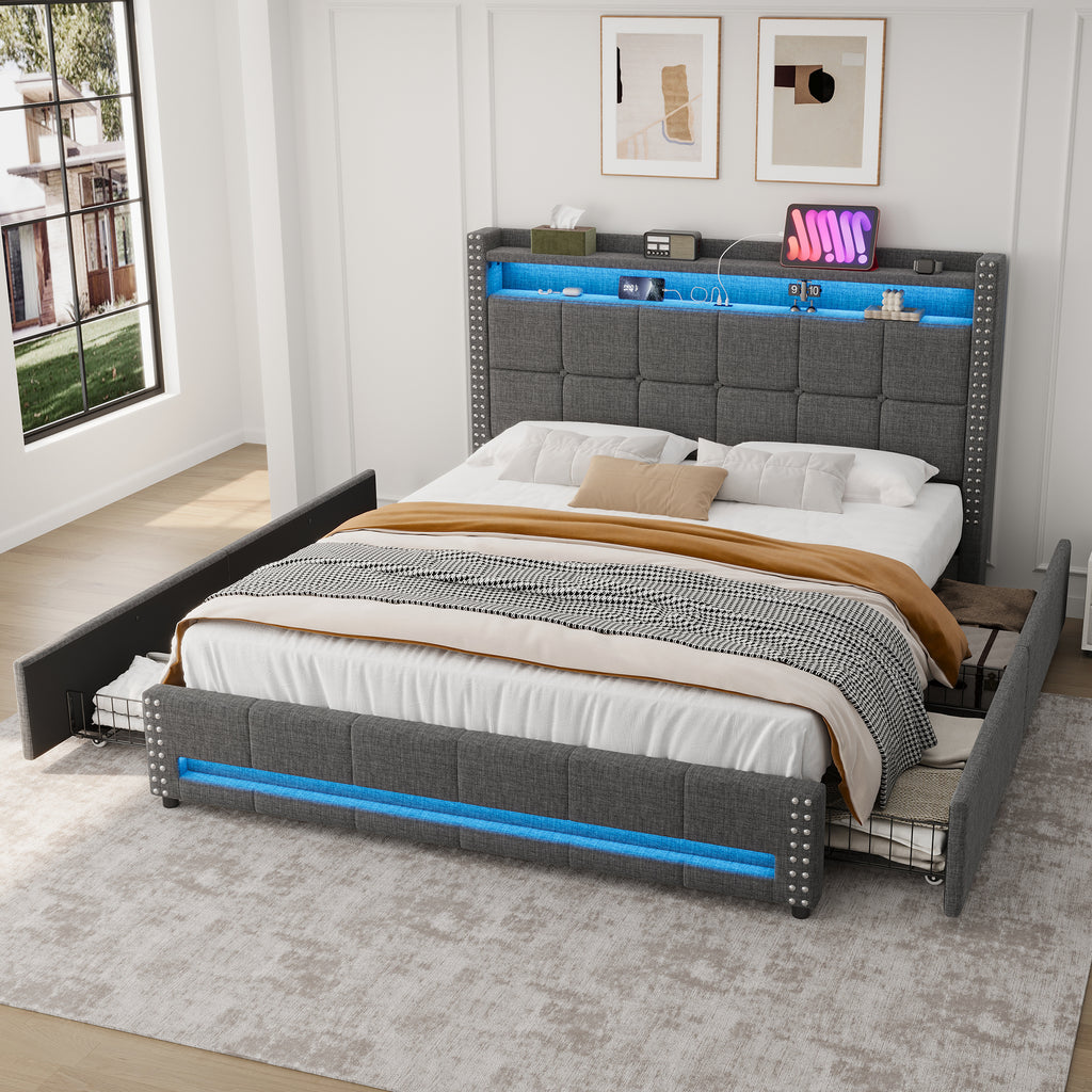 4ft6 Double Upholstered Bed with 4 Storage Drawers, LED Rivet  Storage Bed with Charging Station, Button Tufted Headboard with USB and Type-C Ports, Linen, Grey (No Mattress)