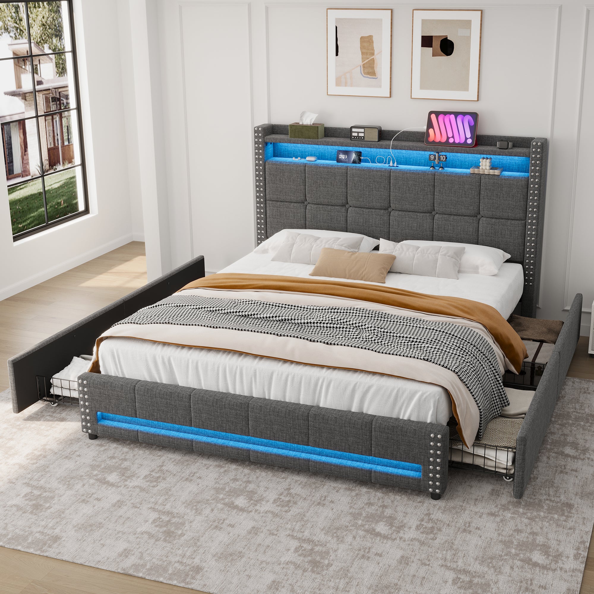 4ft6 Double Upholstered Bed with 4 Storage Drawers, LED Rivet  Storage Bed with Charging Station, Button Tufted Headboard with USB and Type-C Ports, Linen, Grey (No Mattress)