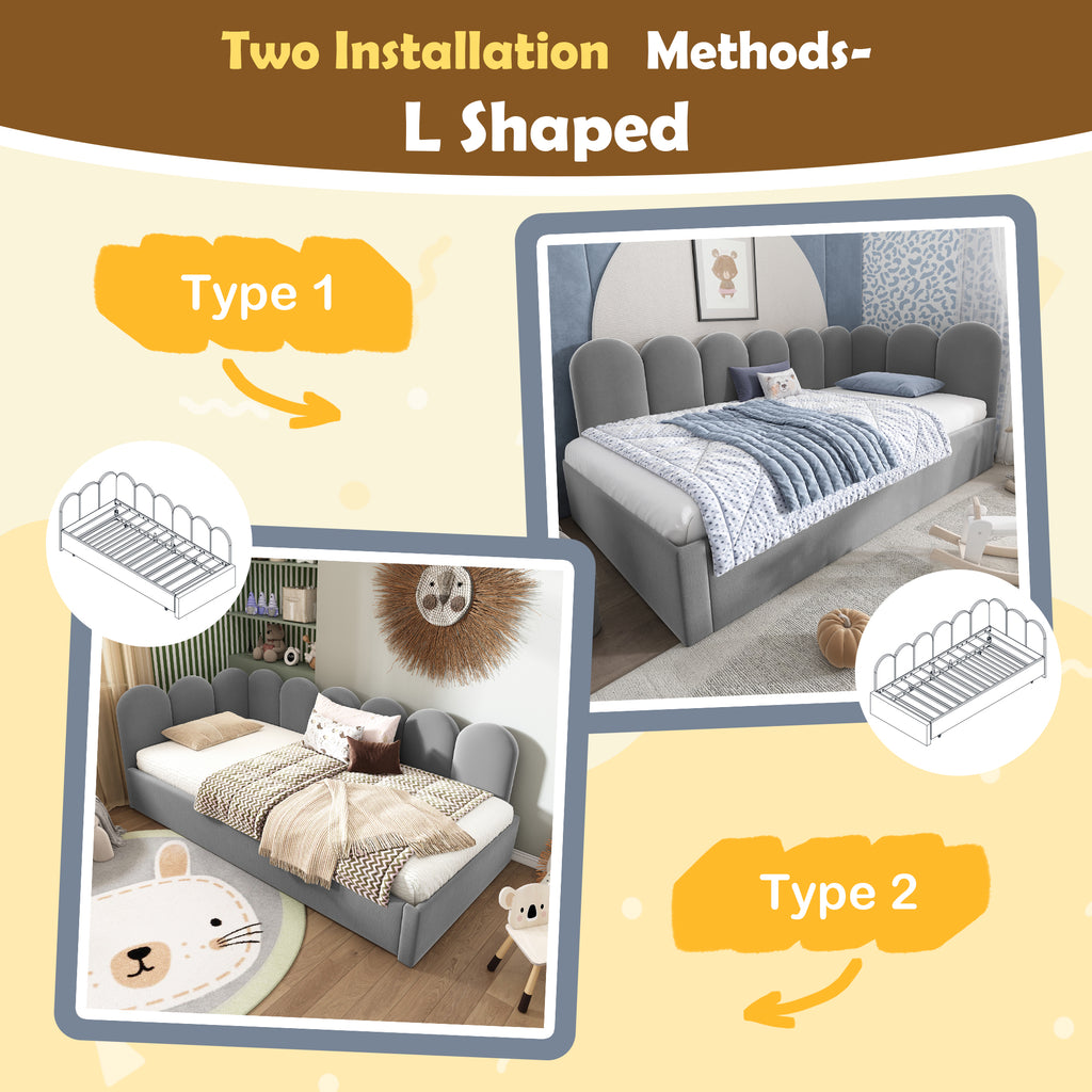 Upholstered Bed Daybed with Pull-Out Bed, 3FT Single Sofa Bed 90 x 190 cm, Guest Beds for Adults and Children, Bed with Slatted Frame, Velvet, Grey (No Mattress)