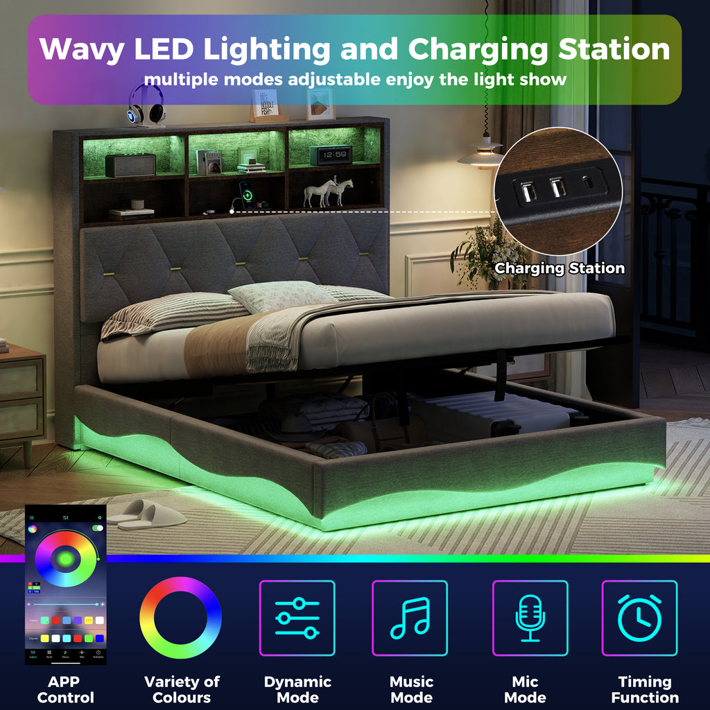 4ft6 Double Upholstered Bed Frame with Hydraulic Storage, Wavy LED Heightened Headboard with Charging Station, USB and Type - C Ports, Linen, No Box Spring Needed, Grey (No Mattress)