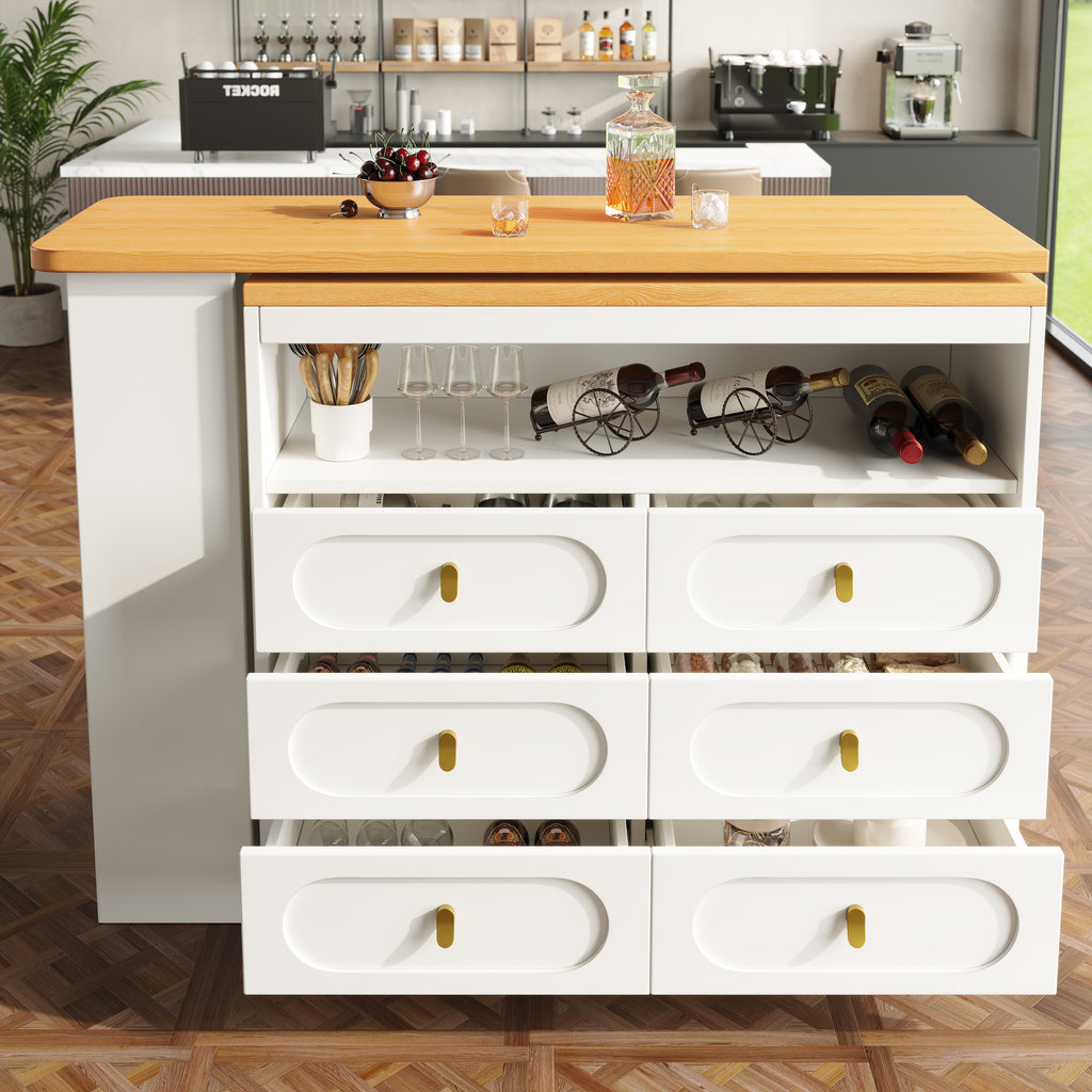 360° rotating bar table (main body 137 x 39 x 90 cm), coffee bar furniture, rotating dining bar with storage, kitchen island, with spice rack, six drawers, open storage space, white