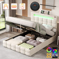 4ft6 Double Upholstered Bed Frame with Hydraulic Storage, Velvet Ottoman Bed with LED Lighting and Charging Station,  Double Bed with Adjustable Button Tufted Headboard, Beige (No Mattress)