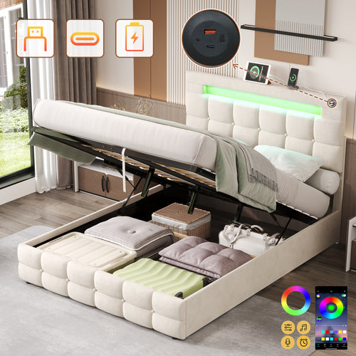 4ft6 Double Upholstered Bed Frame with Hydraulic Storage, Velvet Ottoman Bed with LED Lighting and Charging Station,  Double Bed with Adjustable Button Tufted Headboard, Beige (No Mattress)