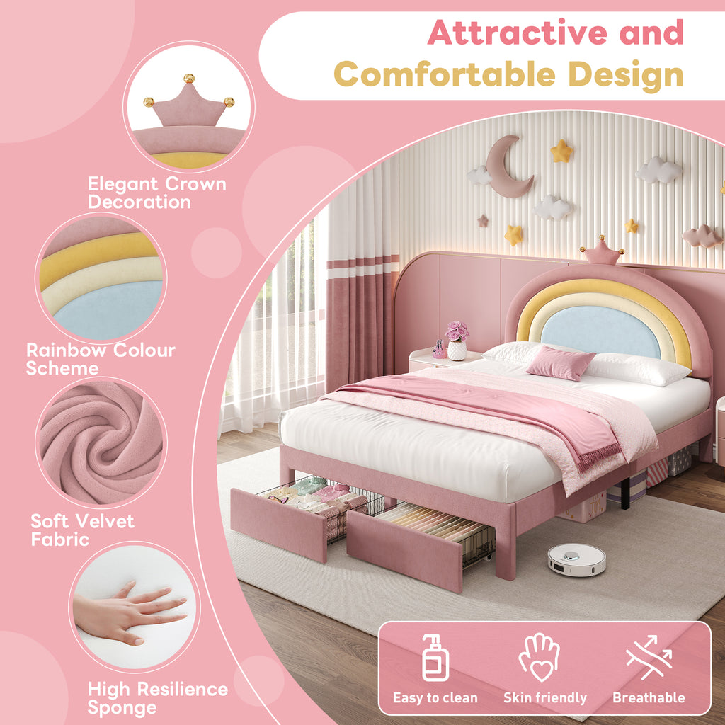 4ft6 Double Upholstered Bed with Adjustable Rainbow Headboard, Soft Velvet Bed Frame with Storage Drawer, Stylish Rainbow Headboard with Crown, No Box Spring Needed, Easy Assembly, Pink (No Mattress)