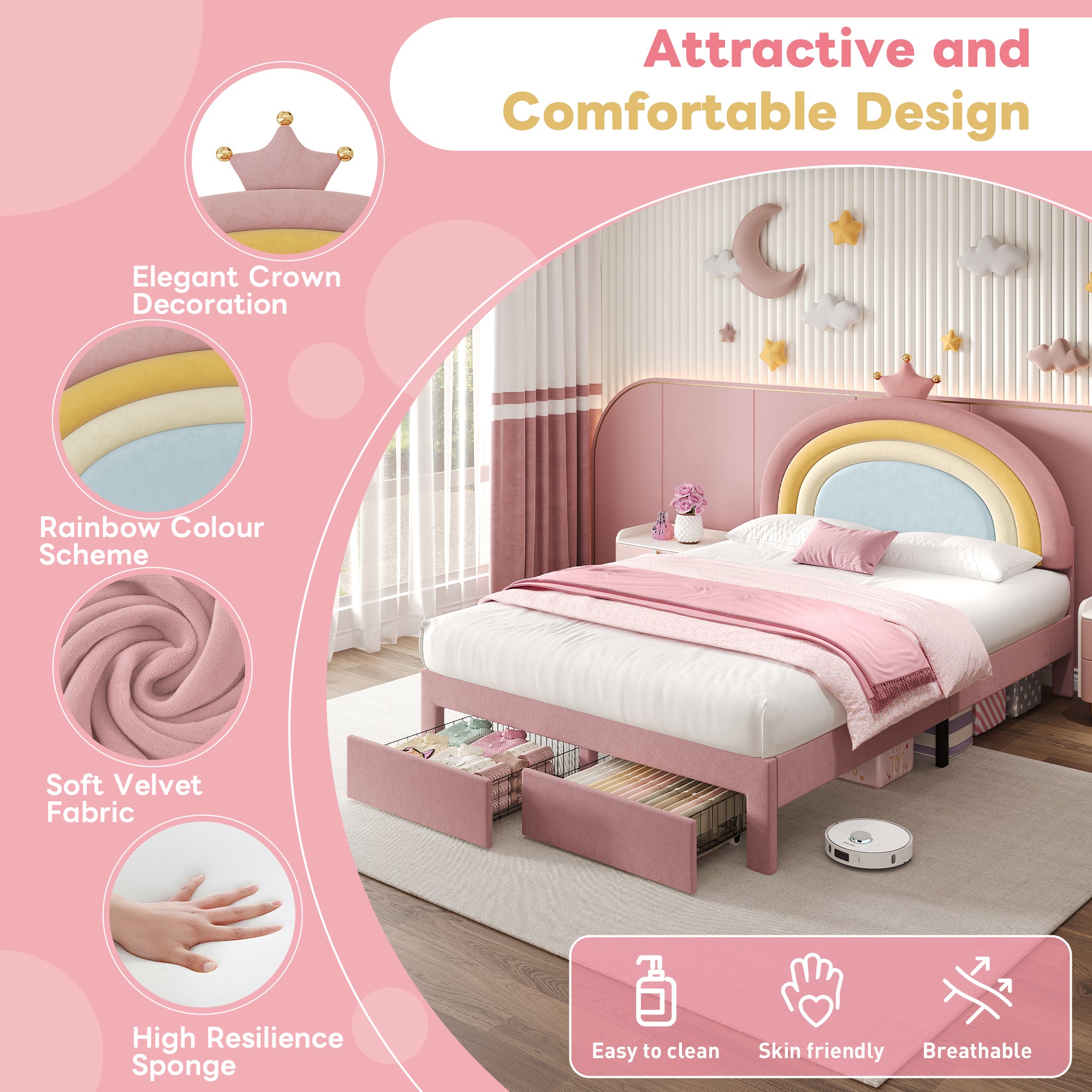4ft6 Double Upholstered Bed with Adjustable Rainbow Headboard, Soft Velvet Bed Frame with Storage Drawer, Stylish Rainbow Headboard with Crown, No Box Spring Needed, Easy Assembly, Pink (No Mattress)
