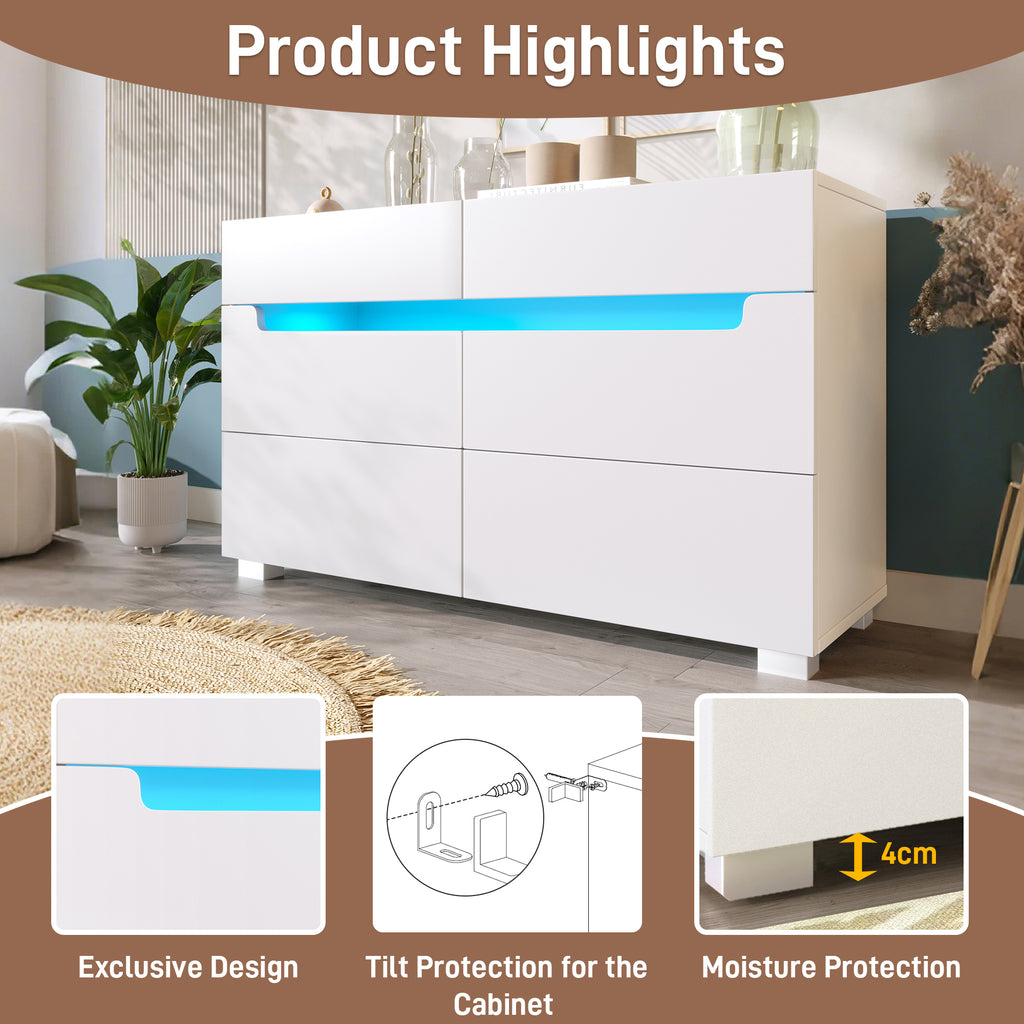 Sideboard Cabinet Dresser with 6 Drawers,Storage with RGB LED(App Control), Sideboard with Cut-out Handles, 6-drawers Chest of Drawers, 71 x 120 x 40 cm, White