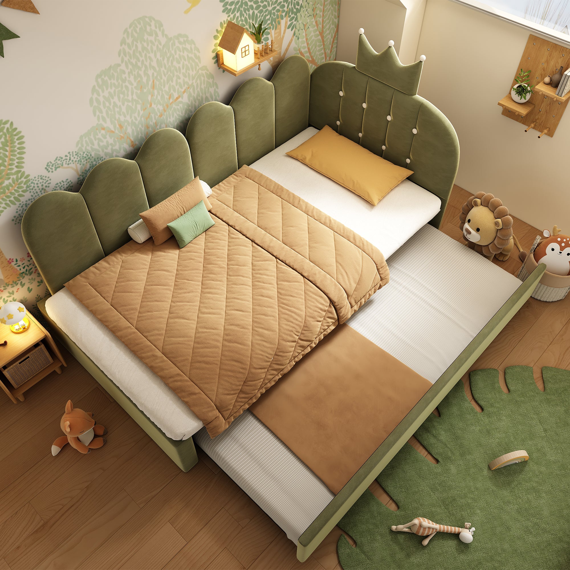 Upholstered Daybed with Pull-Out Bed, Crown-shaped Trundle Bed, 3FT Single Sofa Bed 90 x 190 cm, Guest Beds for Adults & Children, Bed with Metal Slatted Frame, Velvet, Green (No Mattress)