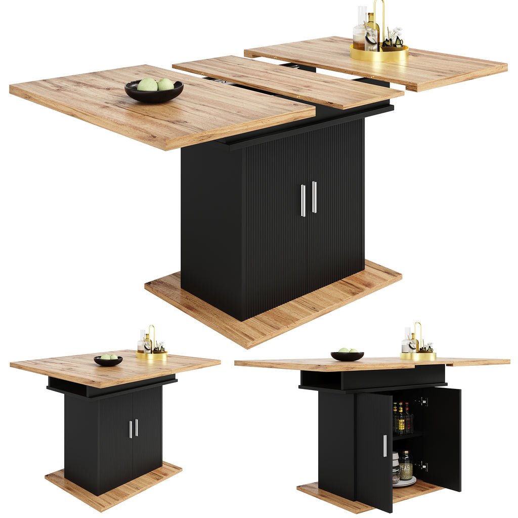 Telescopic dining table (140×70cm), extendable dining table with storage shelf, space-saving kitchen table, dining table with three shelves, extendable dining table for kitchen and living room, natura
