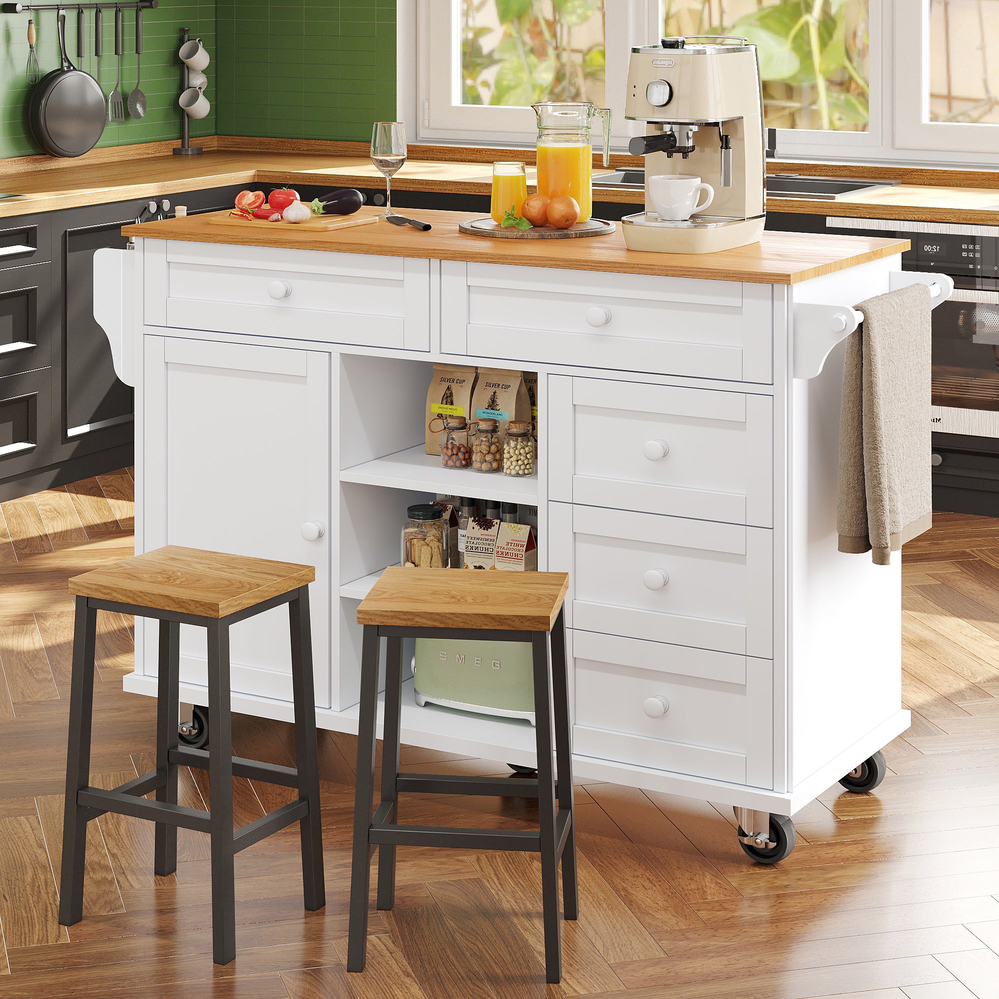 Dining trolley (134 x 46 x 92 cm), modern and simple white food trolley, combined drawer-storage cabinet design, mobile and fixed dual-use design, suitable for domestic and commercial kitchens, white