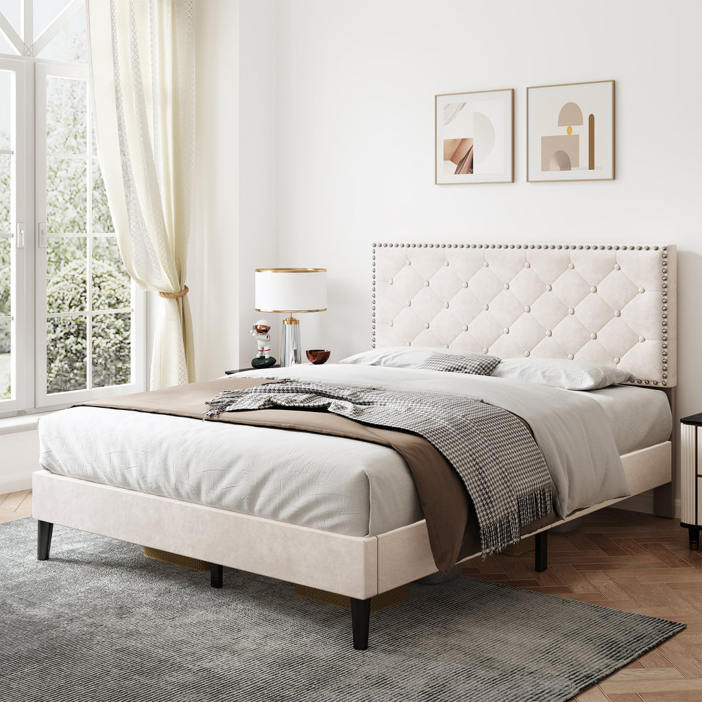 4ft6 Double Upholstered Velvet Bed Frame, with Adjustable Button-Tufted & Riveted Headboard, Velvet Platform Bed Frame with Solid Wood Slat and Mute Foam, No Box Spring Needed, Easy Assembly, Beige