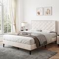 4ft6 Double Upholstered Velvet Bed Frame, with Adjustable Button-Tufted & Riveted Headboard, Velvet Platform Bed Frame with Solid Wood Slat and Mute Foam, No Box Spring Needed, Easy Assembly, Beige