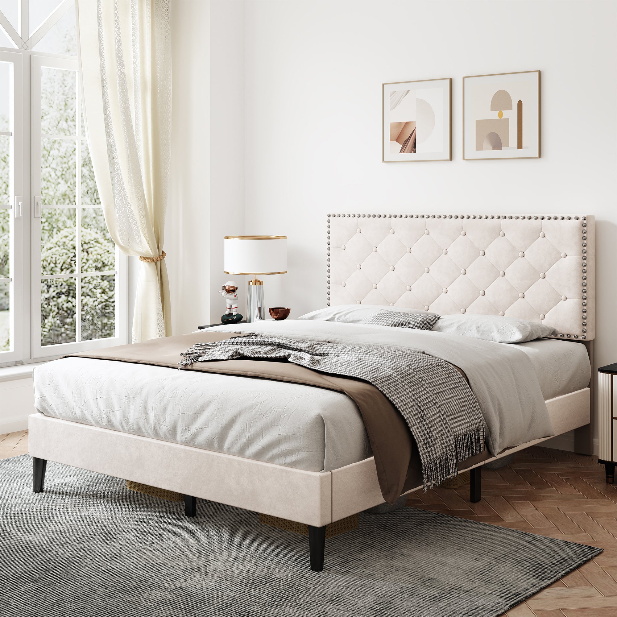 4ft6 Double Upholstered Velvet Bed Frame, with Adjustable Button-Tufted & Riveted Headboard, Velvet Platform Bed Frame with Solid Wood Slat and Mute Foam, No Box Spring Needed, Easy Assembly, Beige