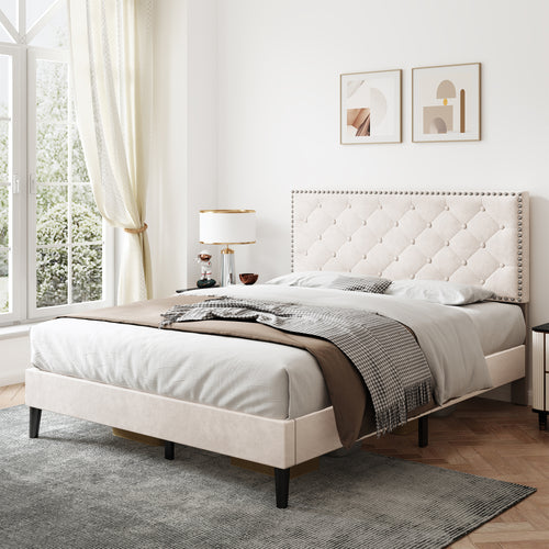 4ft6 Double Upholstered Velvet Bed Frame, with Adjustable Button-Tufted & Riveted Headboard, Velvet Platform Bed Frame with Solid Wood Slat and Mute Foam, No Box Spring Needed, Easy Assembly, Beige