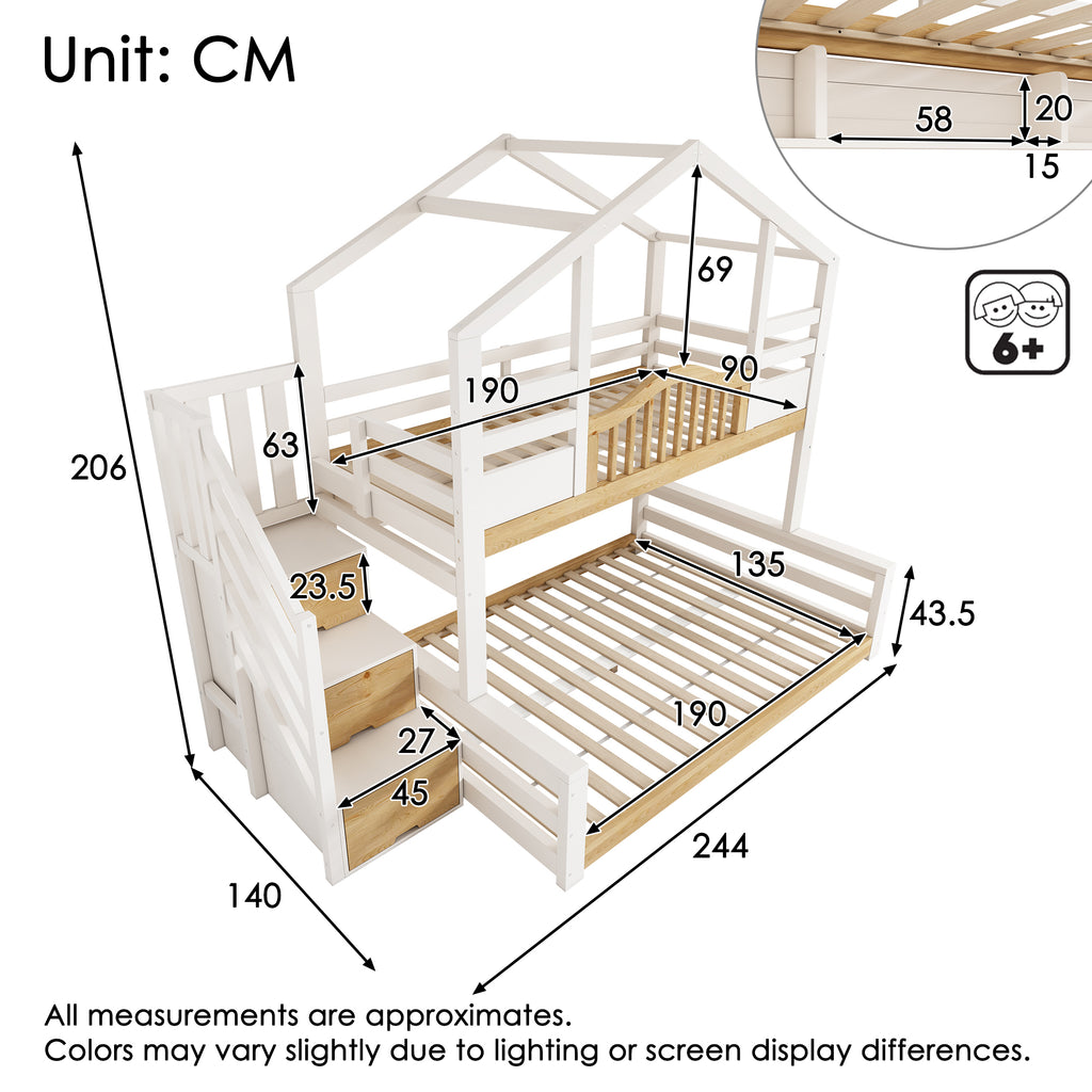 Bunk Beds for Kids, Staircase Bunk with Storage Space, Small House-shaped Children's Bed, Double Bunk Bed for Family with Multiple Children, (90+135) x 190 cm, Solid Wood, White & Natural