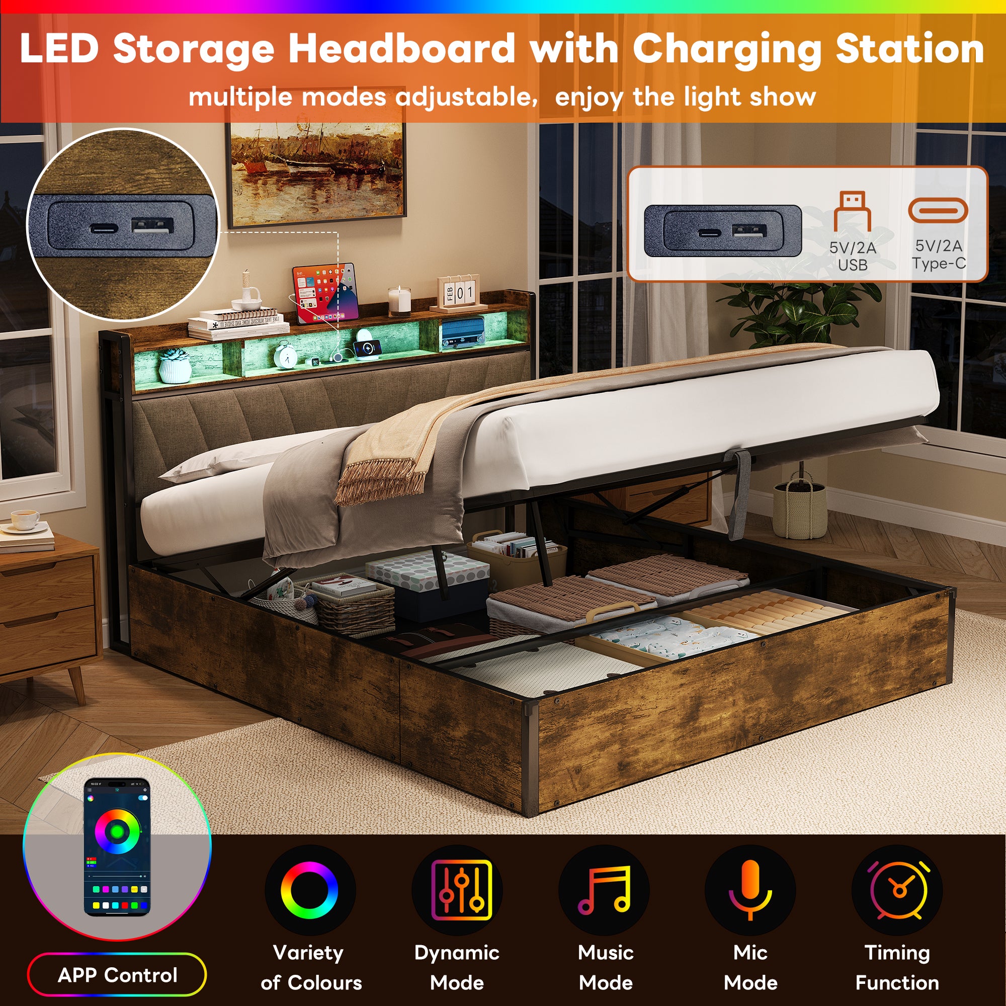 5ft King Bed Frame with Hydraulic Storage, RGB LED Storage Headboard with Charging Station, USB and Type-C Ports, No Box Spring Needed, Easy Assembly, Black+Walnut (No Mattress)