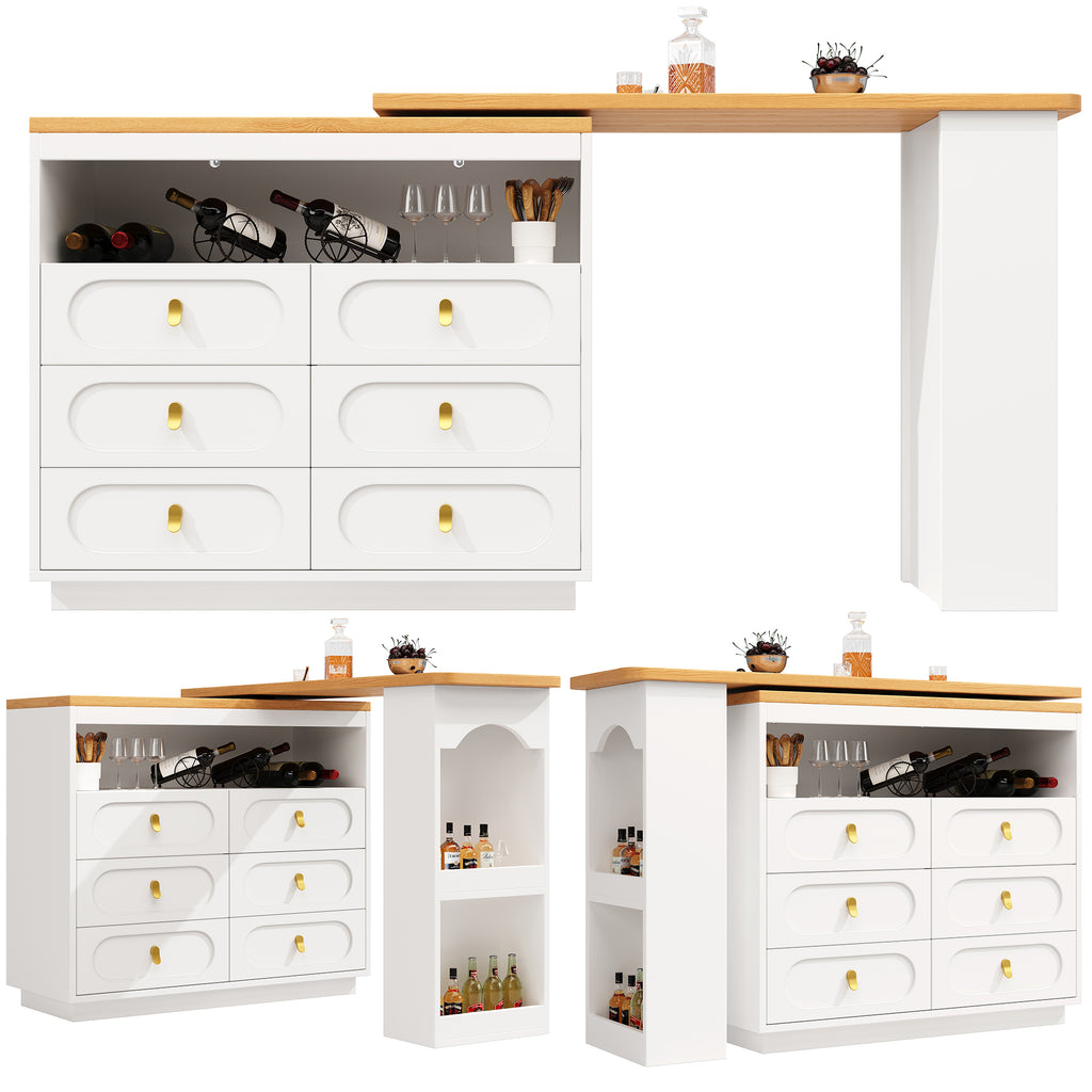 360° rotating bar table (main body 137 x 39 x 90 cm), coffee bar furniture, rotating dining bar with storage, kitchen island, with spice rack, six drawers, open storage space, white