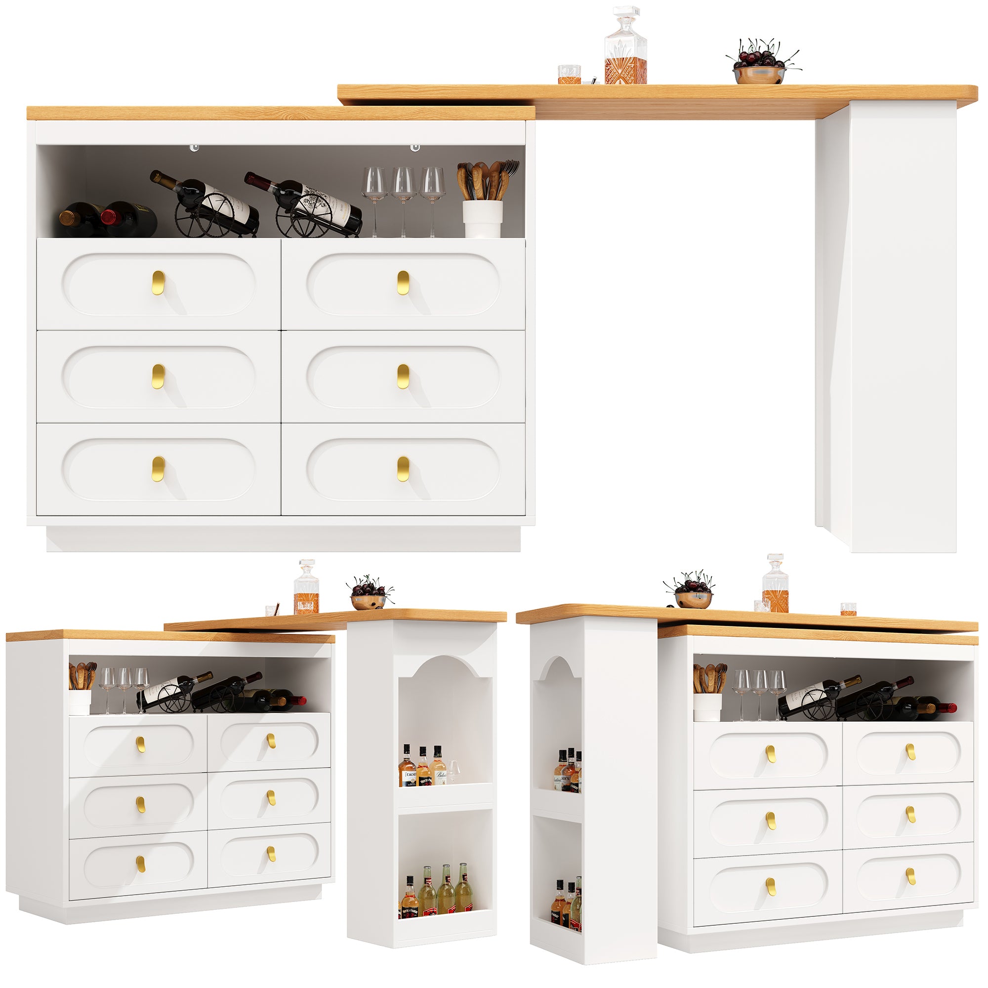 360° rotating bar table (main body 137 x 39 x 90 cm), coffee bar furniture, rotating dining bar with storage, kitchen island, with spice rack, six drawers, open storage space, white