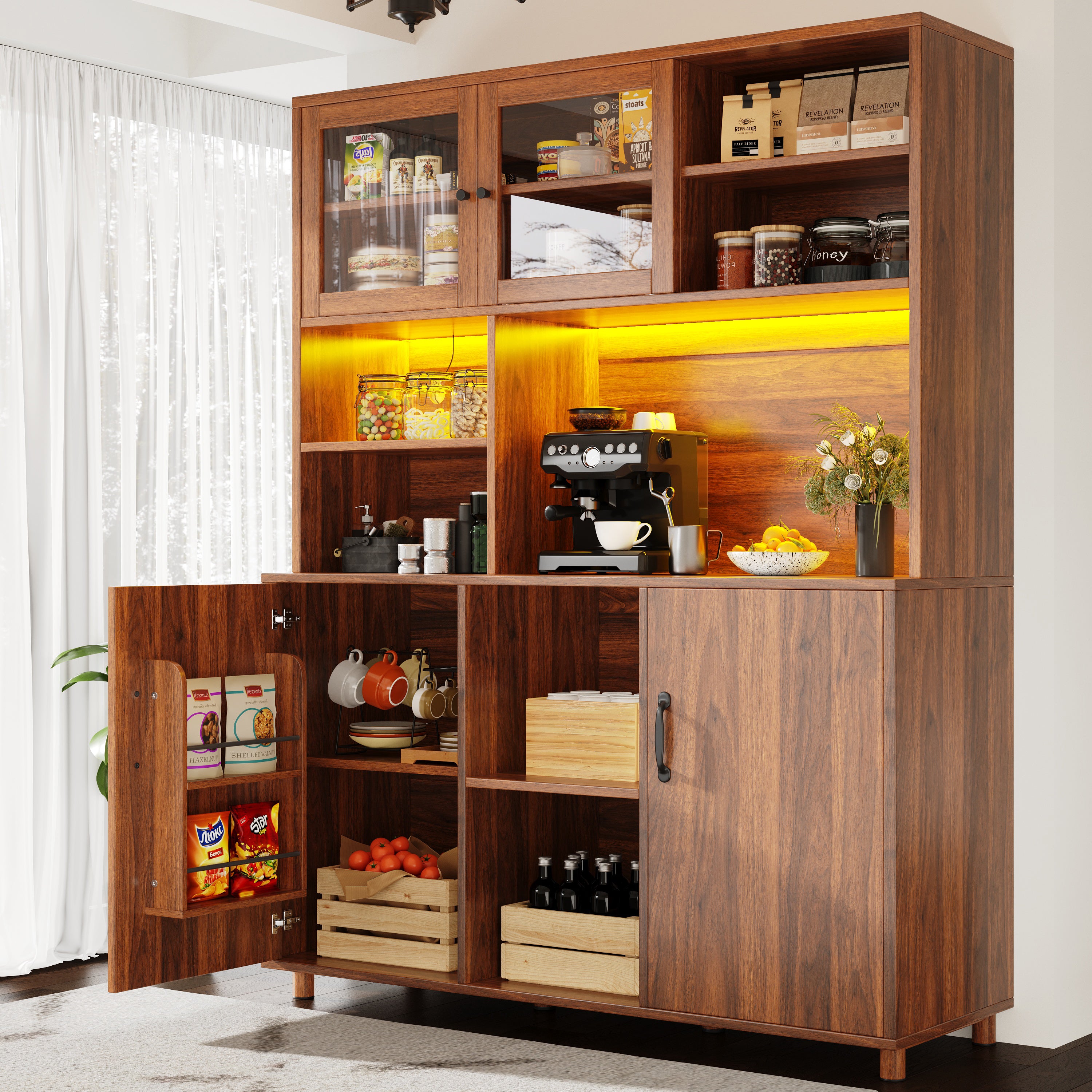 Tall cabinets for the living room, kitchen cabinet, dining room cabinet, cabinets with LED lighting, cabinet door with snack shelf, retro style, walnut color