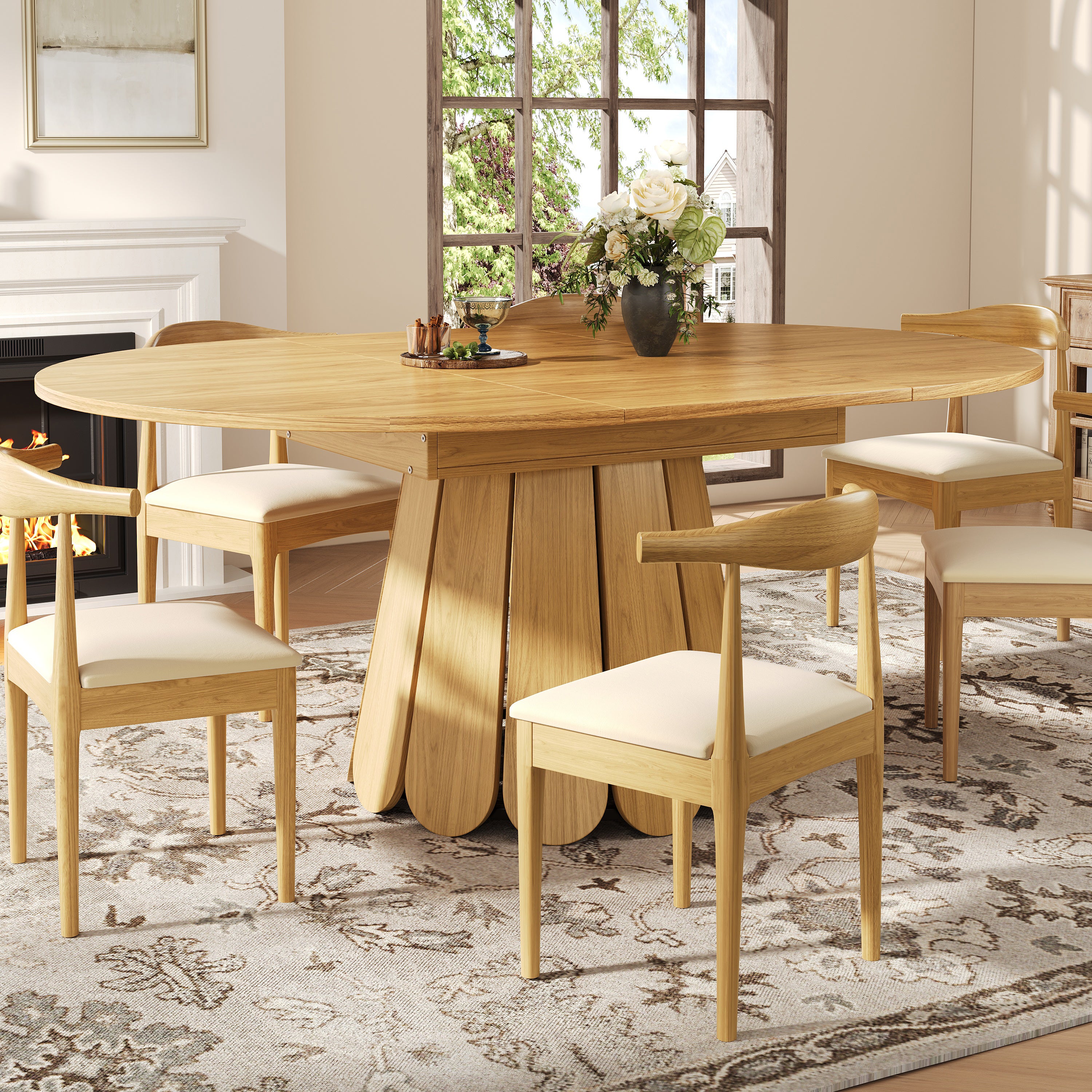 Extendable dining table, dining room table, kitchen table, balcony table, wooden dining table Round dining table, extends to oval, 118–158 cm, seats up to 6 people, natural color