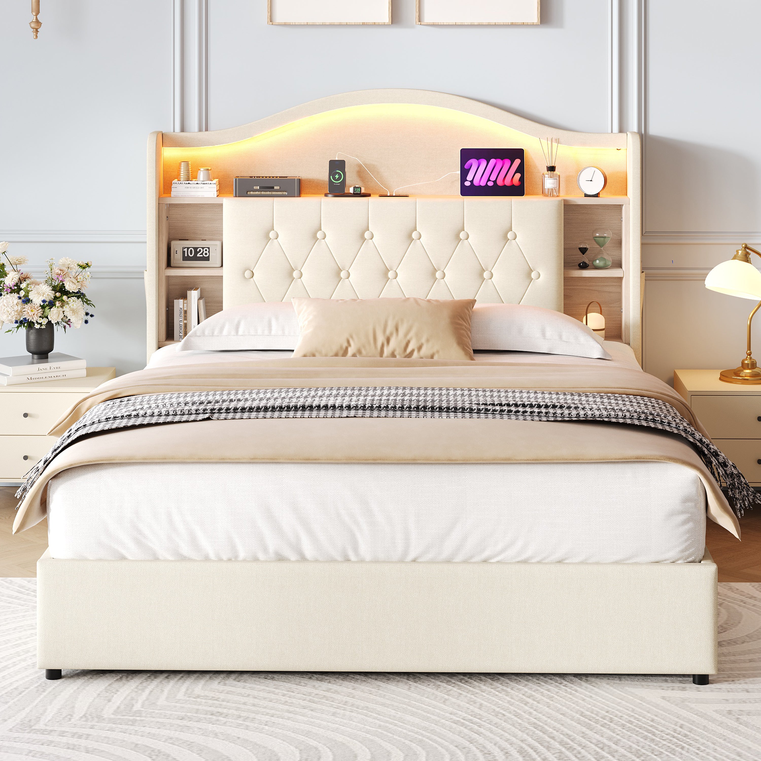 4ft6 Double Upholstered Bed Frame with Hydraulic Storage, LED Curved Button Tufted Headboard with Charging Station and Concealed Headboard Storage, USB and Type - C Ports, Linen, Beige (No Mattress)