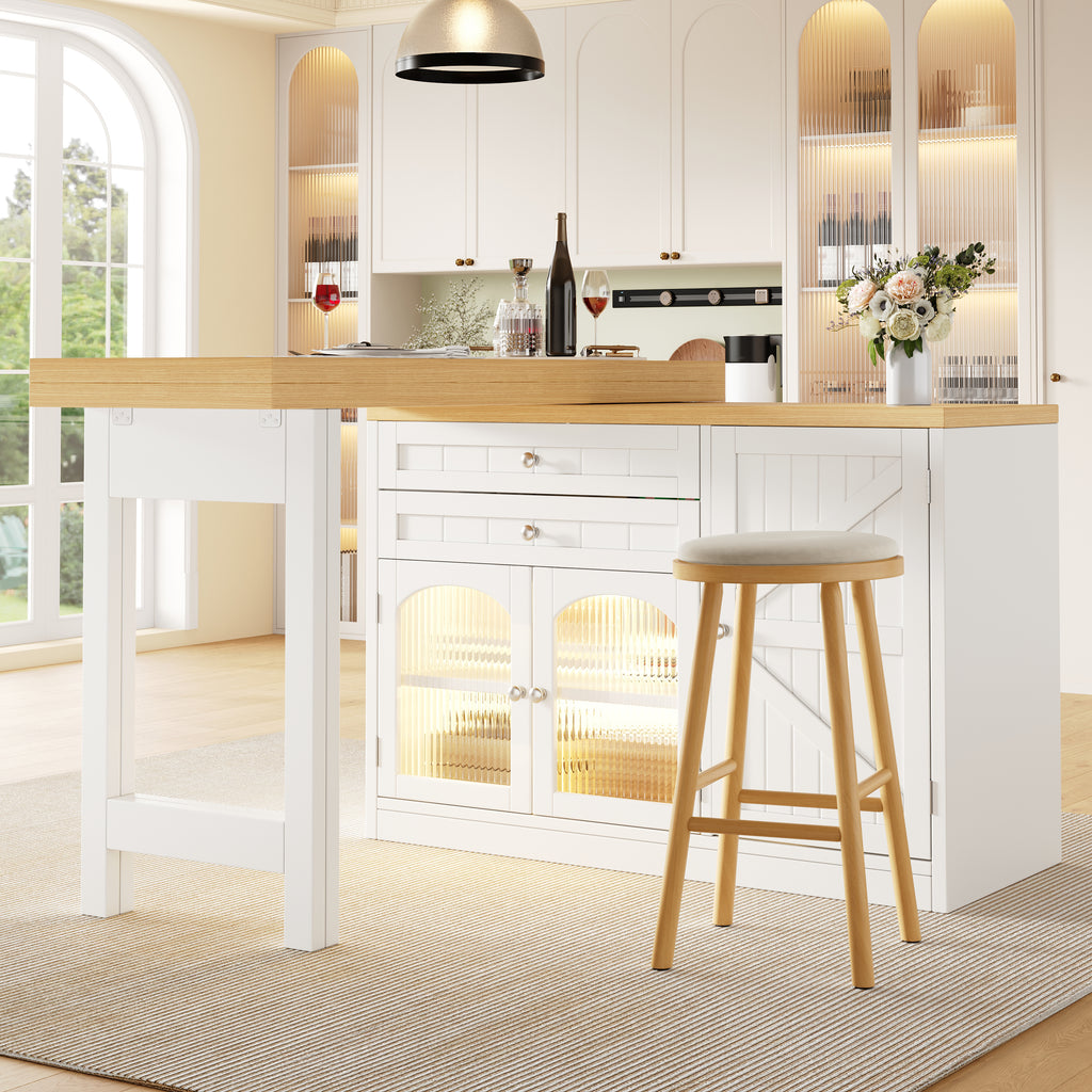 Extendable kitchen island dining table 120–194cm, 360° rotating tabletop, with glass doors, drawers & door snack shelves, white