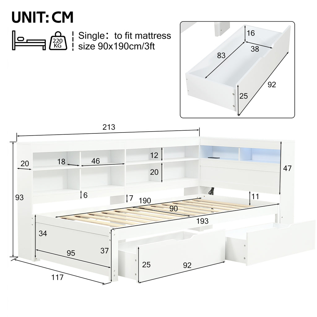 3ft Single Daybed with Two Storage Drawers and Beside Storage, LED Modern Bed frame with Charging Station, Wood Bed for Living Room/ Bedroom/ Study Room, 90X190cm, Easy Assembly, White (No Mattress)