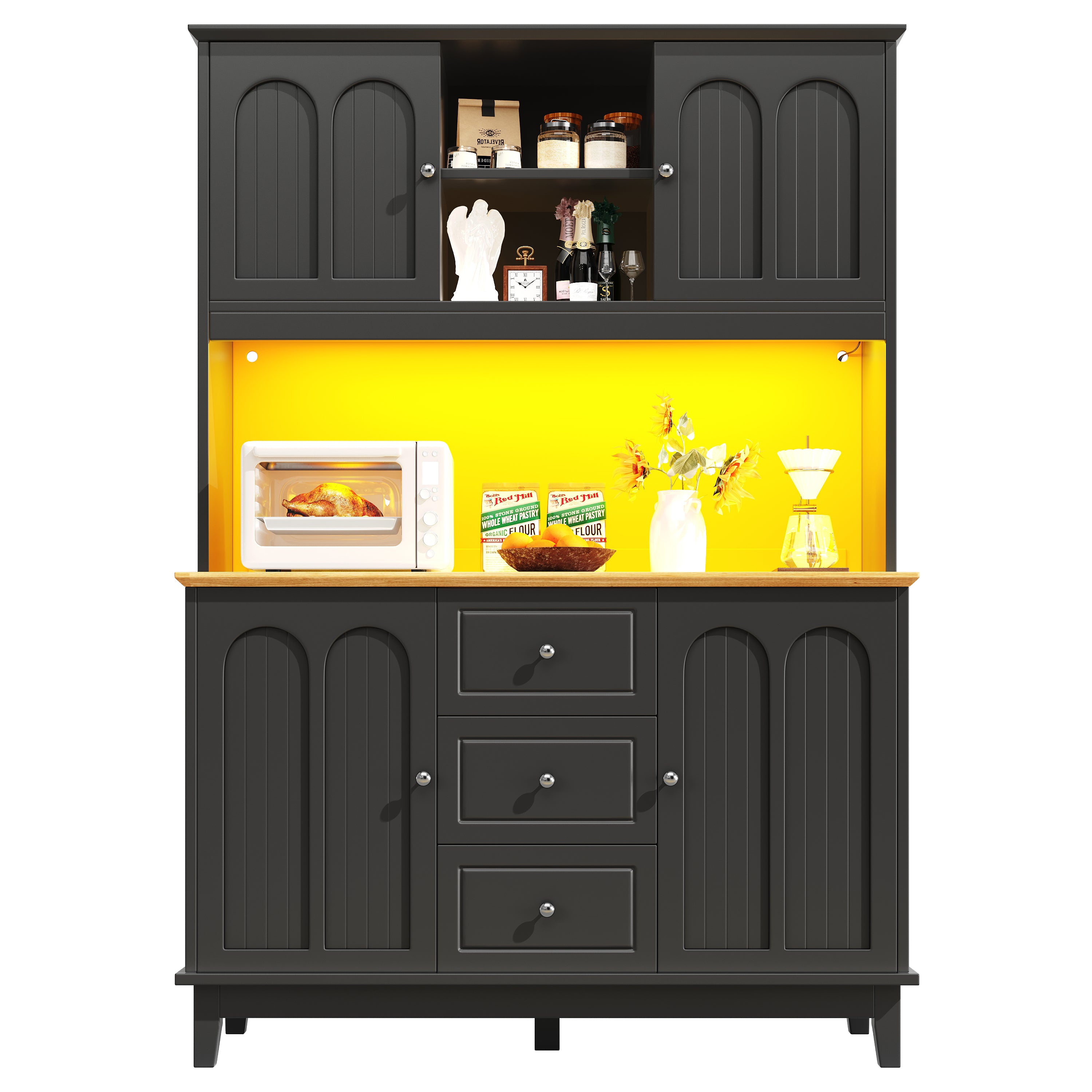 Snack cabinet, kitchen cabinet (120 x 40 x 180 cm), tall kitchen dining cabinet, sideboard, kitchen cabinet with three drawers and LED lighting, suitable for kitchen, living room, dining room, black