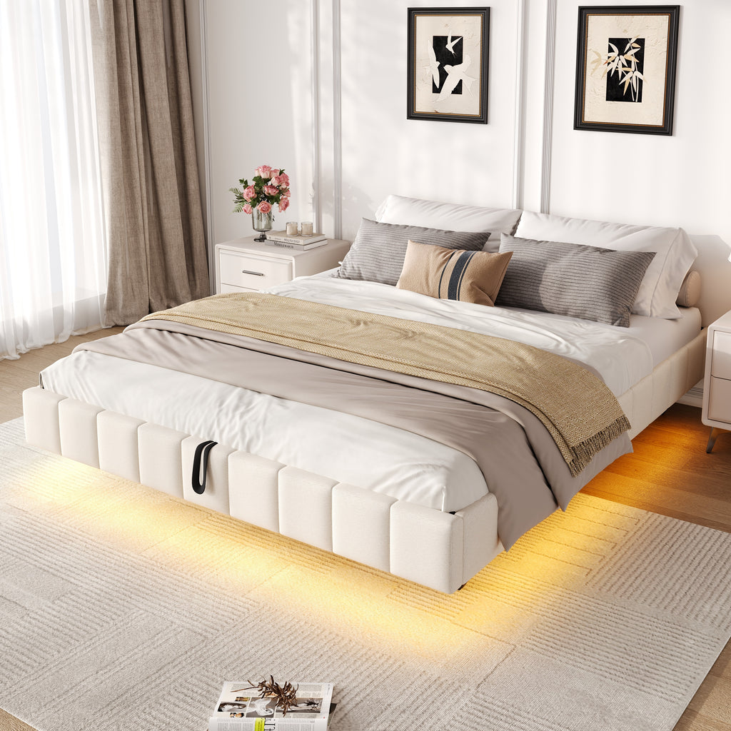 4ft6 Double Floating Bed Frame with Hydraulic Under-bed Storage & Smart RGB LED Lights, No Headboard Upholstered Bed with Concealed Anti-Collision Leg, Linen Fabric, Beige (No Mattress)
