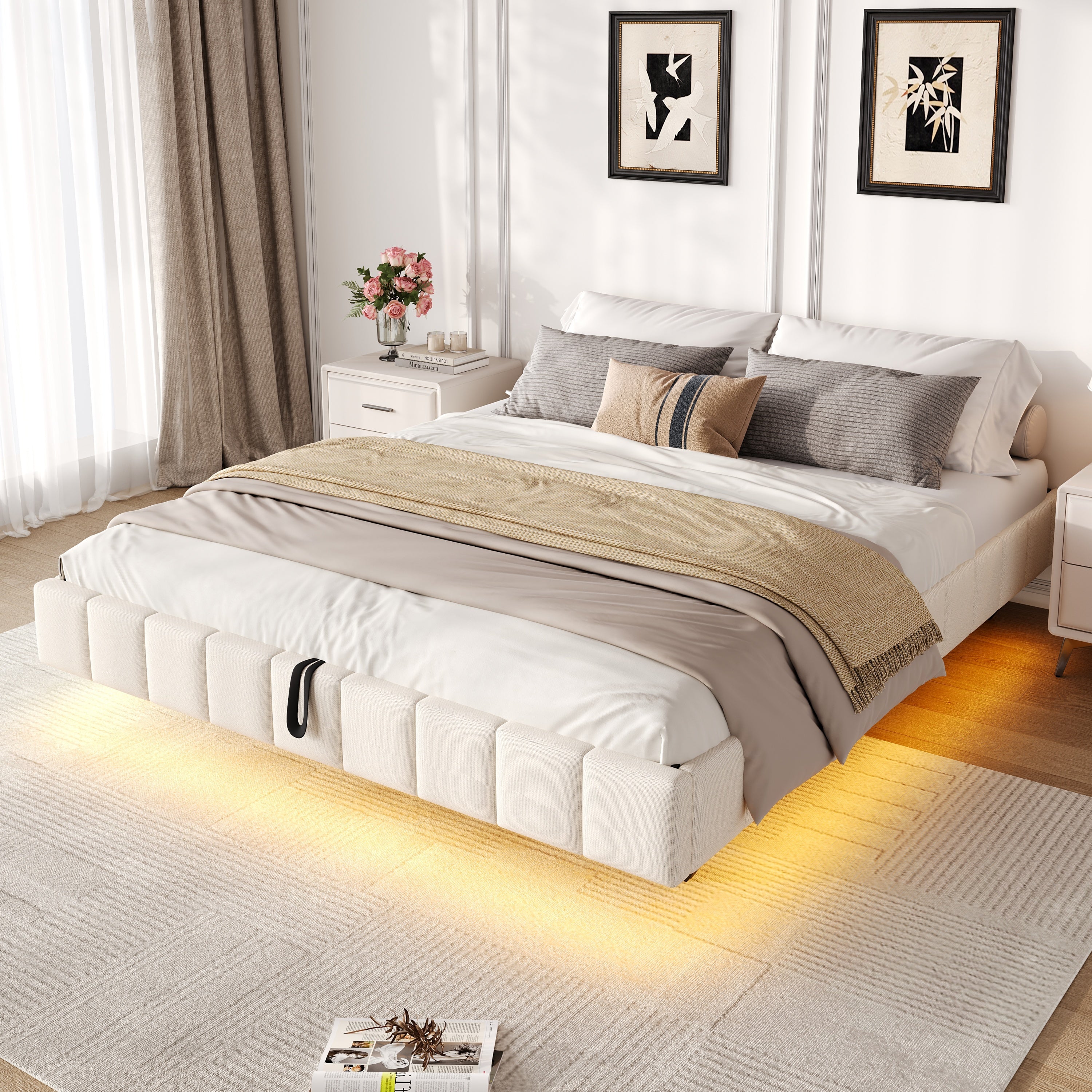 4ft6 Double Floating Bed Frame with Hydraulic Under-bed Storage & Smart RGB LED Lights, No Headboard Upholstered Bed with Concealed Anti-Collision Leg, Linen Fabric, Beige (No Mattress)