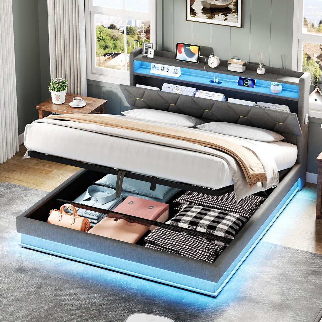 4ft6 Double Upholstered Bed Frame with Hydraulic Storage,  LED Headboard with Charging Station and Concealed Headboard Storage, USB and Type - C Ports, Linen, No Box Spring Needed, Grey (No Mattress)