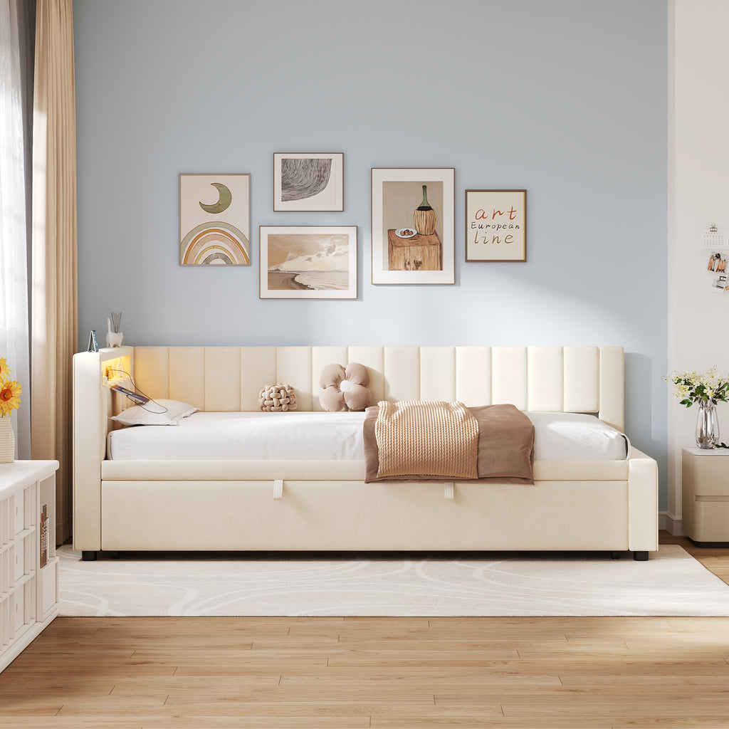 3ft Single Velvet Daybed, Sofa Bed with RGB LED Lights and Charging Station, Upholstered Sofa Bed with Trundle, Pull out Trundle Bed for Living Room, Bedroom or Study, Beige (No Mattress)