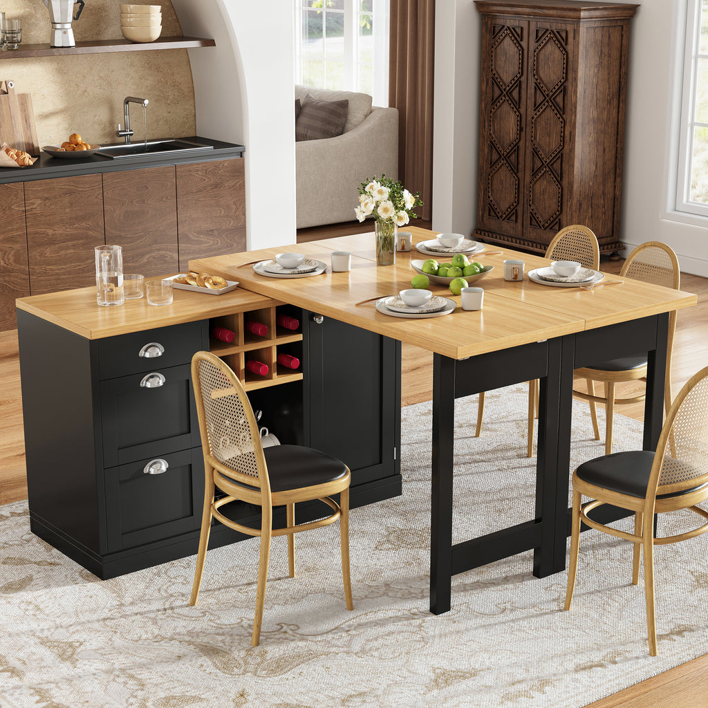 Extendable Sideboard & Dining Table Combo, 3 Drawers & Snack rack & Wine rack, Space-Saving Sideboard for Small Flats, White/Black