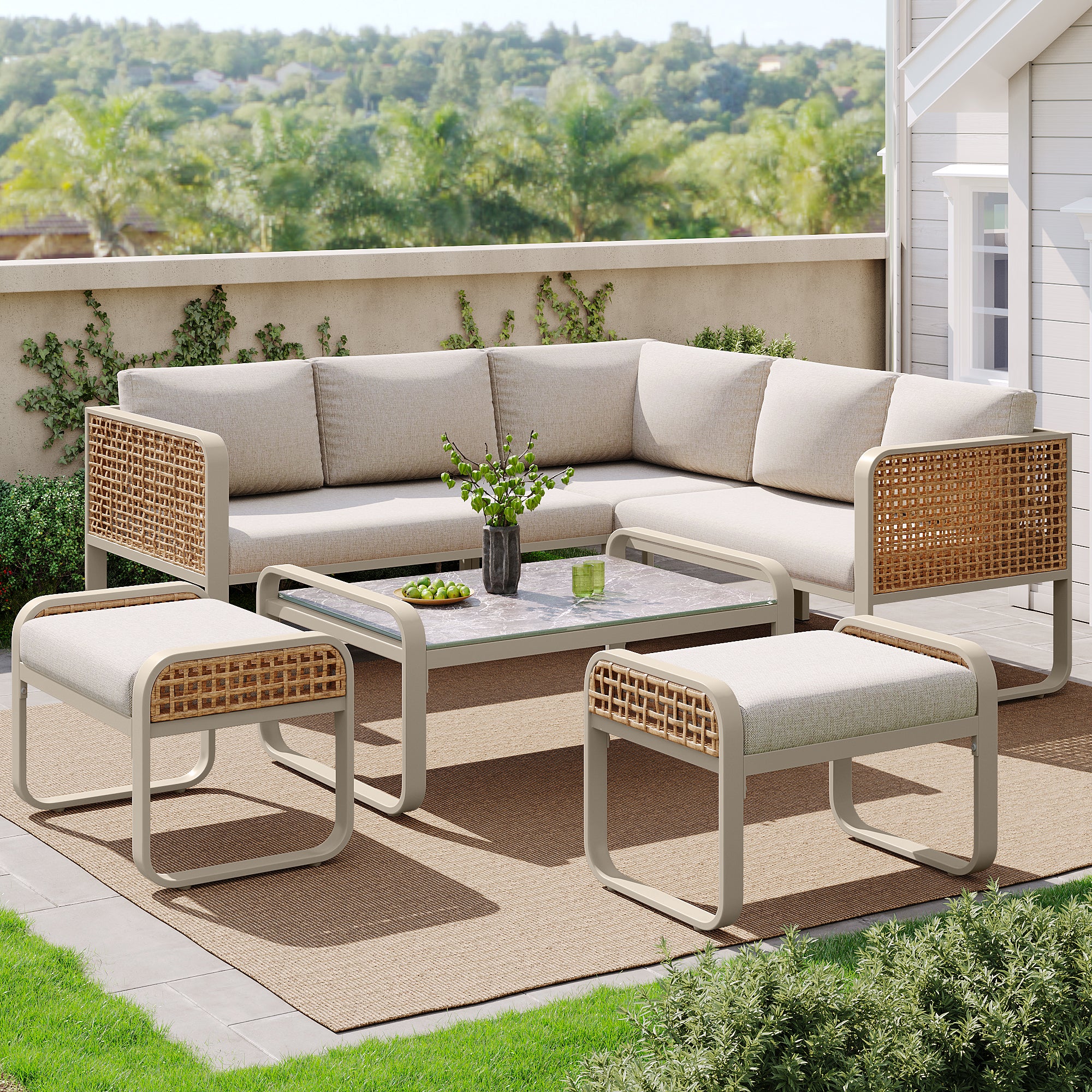 Outdoor garden lounge set, rattan furniture set for 6-7 people, corner sofa with galvanised iron frame, adjustable legs, includes all seat and back cushions, beige