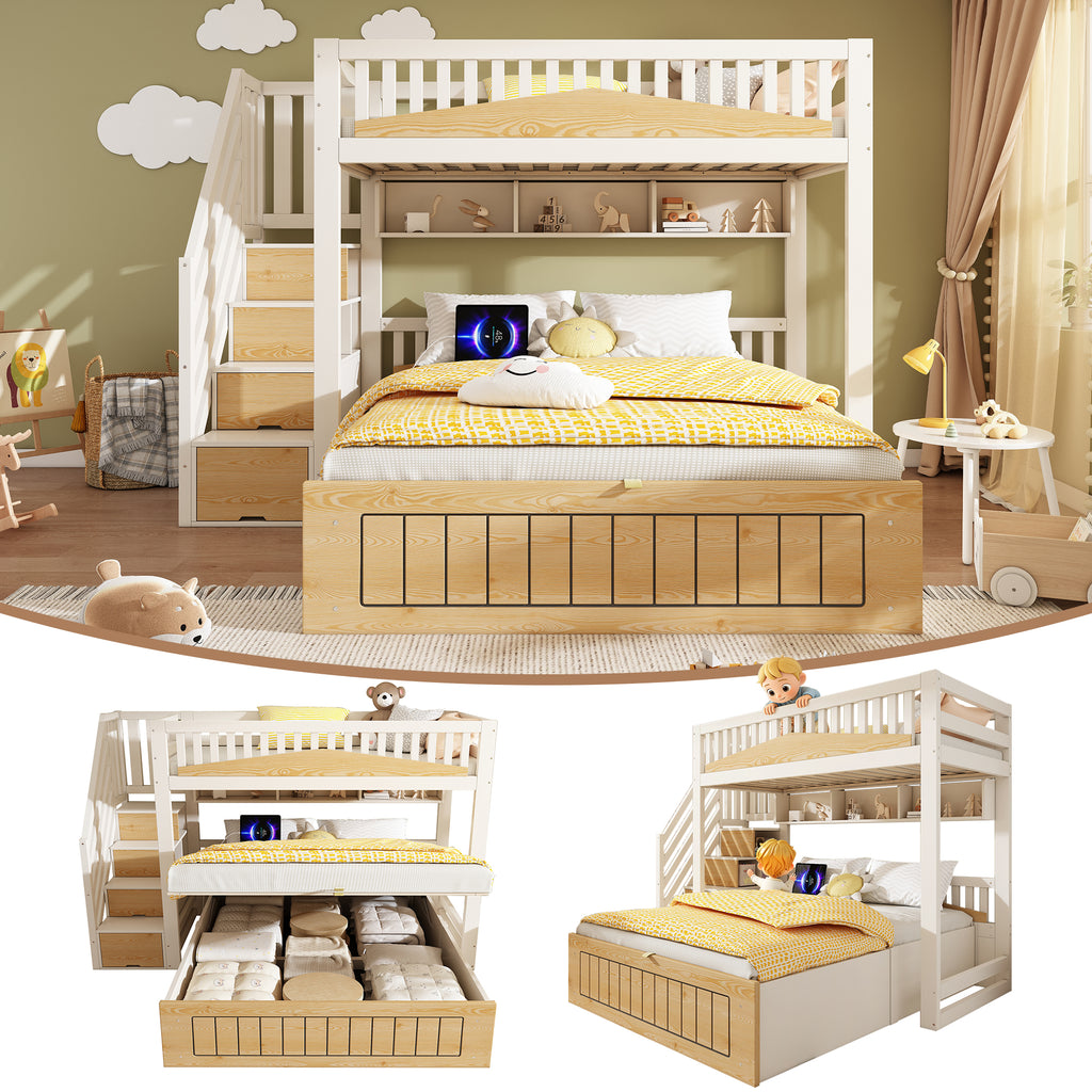 Offset Bunk Beds for Kids, Staircase Bunk with Hydraulic Storage & USB Charging, Children's Bed Double Bed for Family with Multiple Children, (90+135) x 190 cm, White & Natural