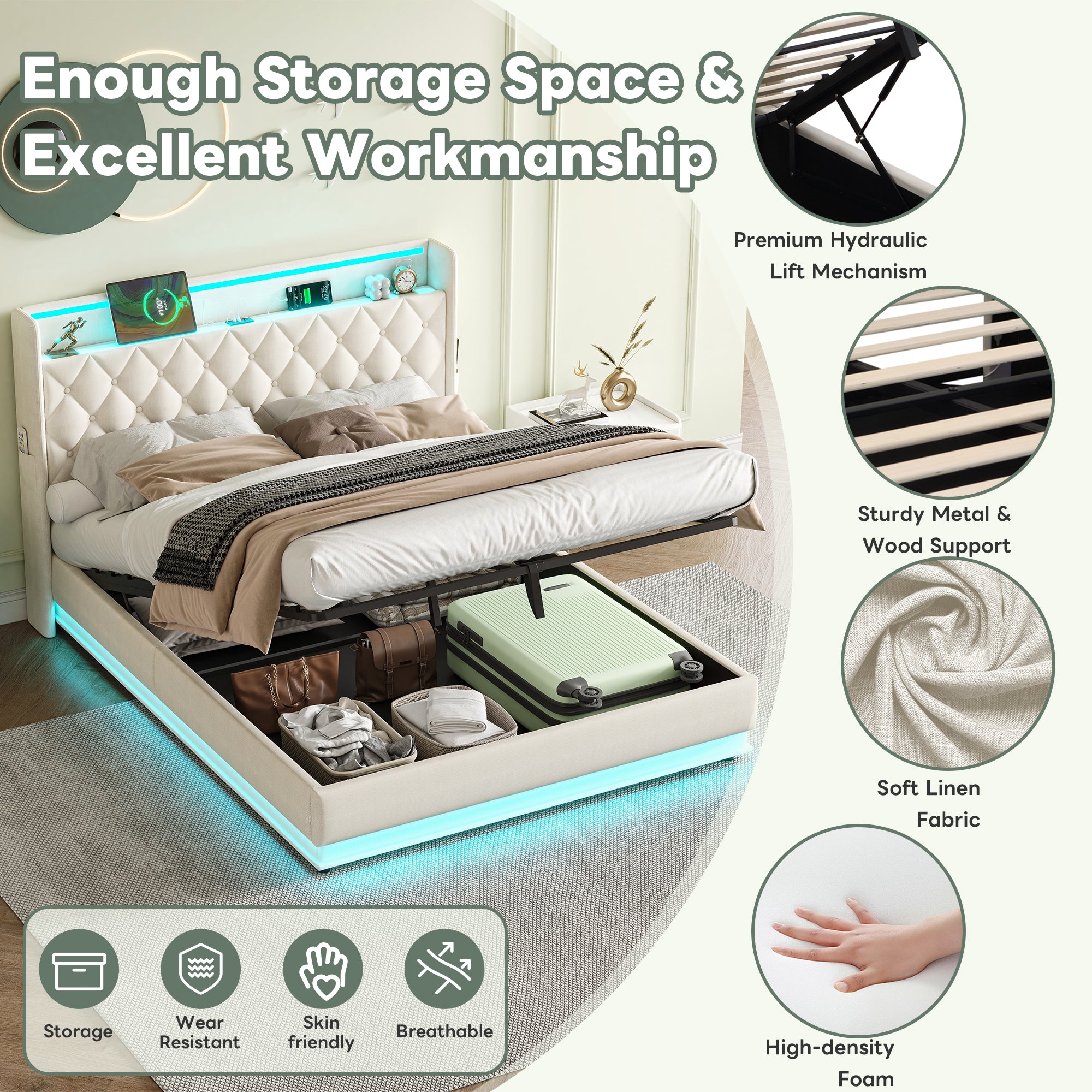 5ft King Upholstered Bed Frame with Hydraulic Storage, Linen Ottoman Bed with LED Lighting and Charging Station, LED Button Tufted Headboard with USB and Type - C Ports, No Box Spring Needed, Beige