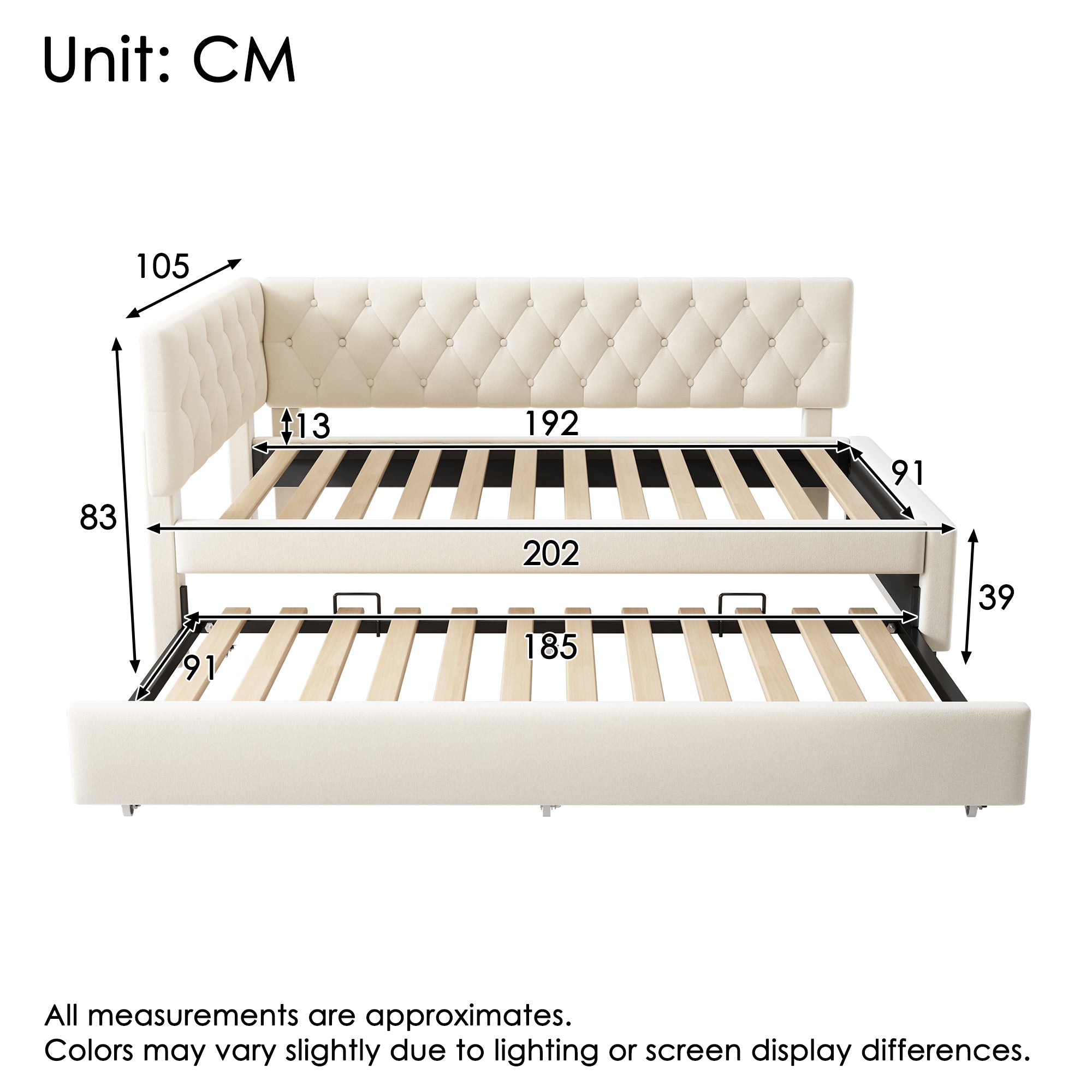 Upholstered Bed Daybed with Pull-Out Bed, 3FT Single Sofa Bed 90 x 190 cm, Ottoman Bed Trundle Beds for Adults and Kids, Bed with Slatted Frame, Velvet, Beige (No Mattress)