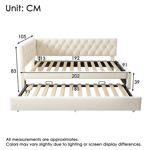 Upholstered Bed Daybed with Pull-Out Bed, 3FT Single Sofa Bed 90 x 190 cm, Ottoman Bed Trundle Beds for Adults and Kids, Bed with Slatted Frame, Velvet, Beige (No Mattress)