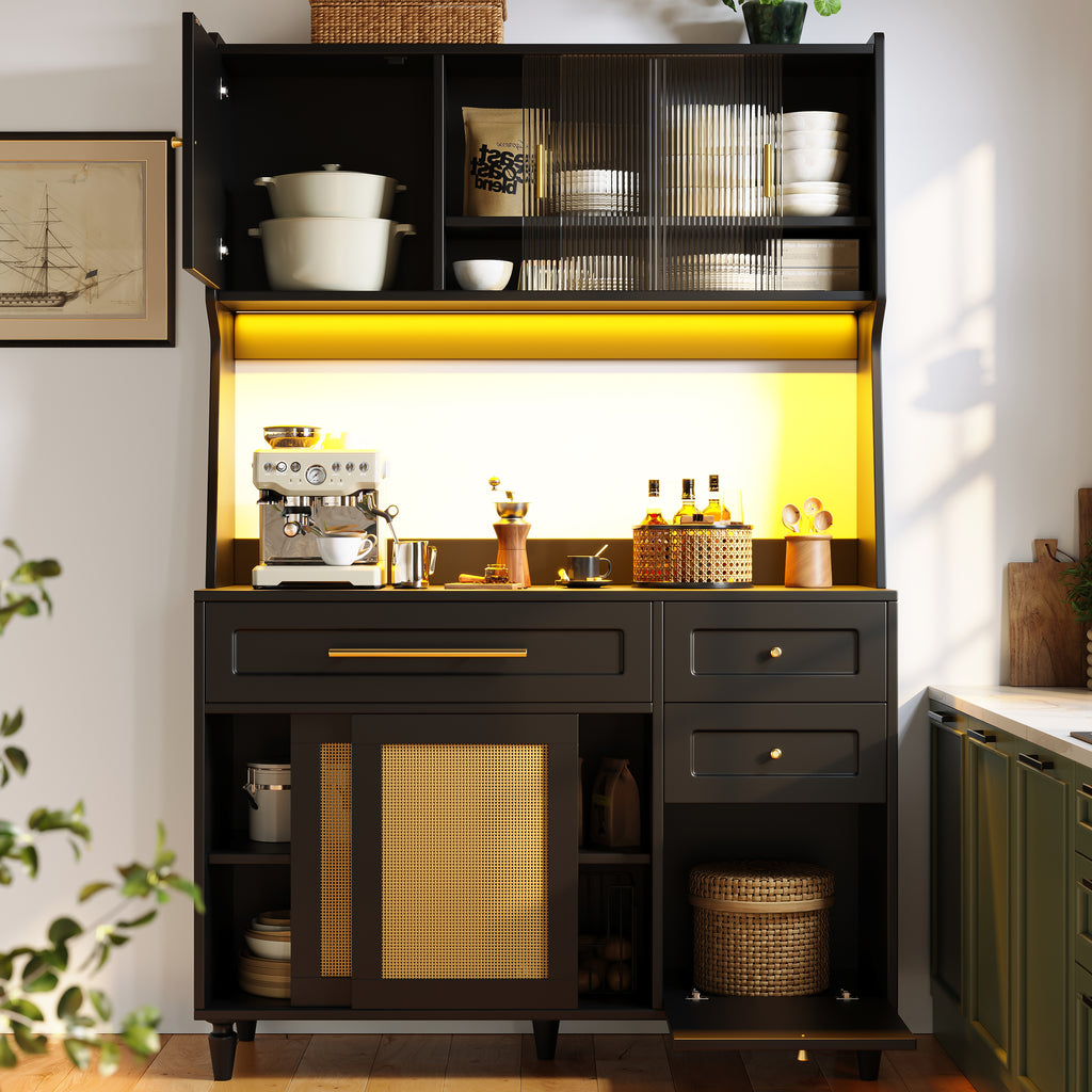 Kitchen Cabinet(120*45*195.5 cm), Tall Cabinet, Display Cabinet, Buffet Cabinet with Adjustable Shelves, Dining Room Cabinet with 3 Drawers, Sideboard with LED Lighting, PE Rattan, Black