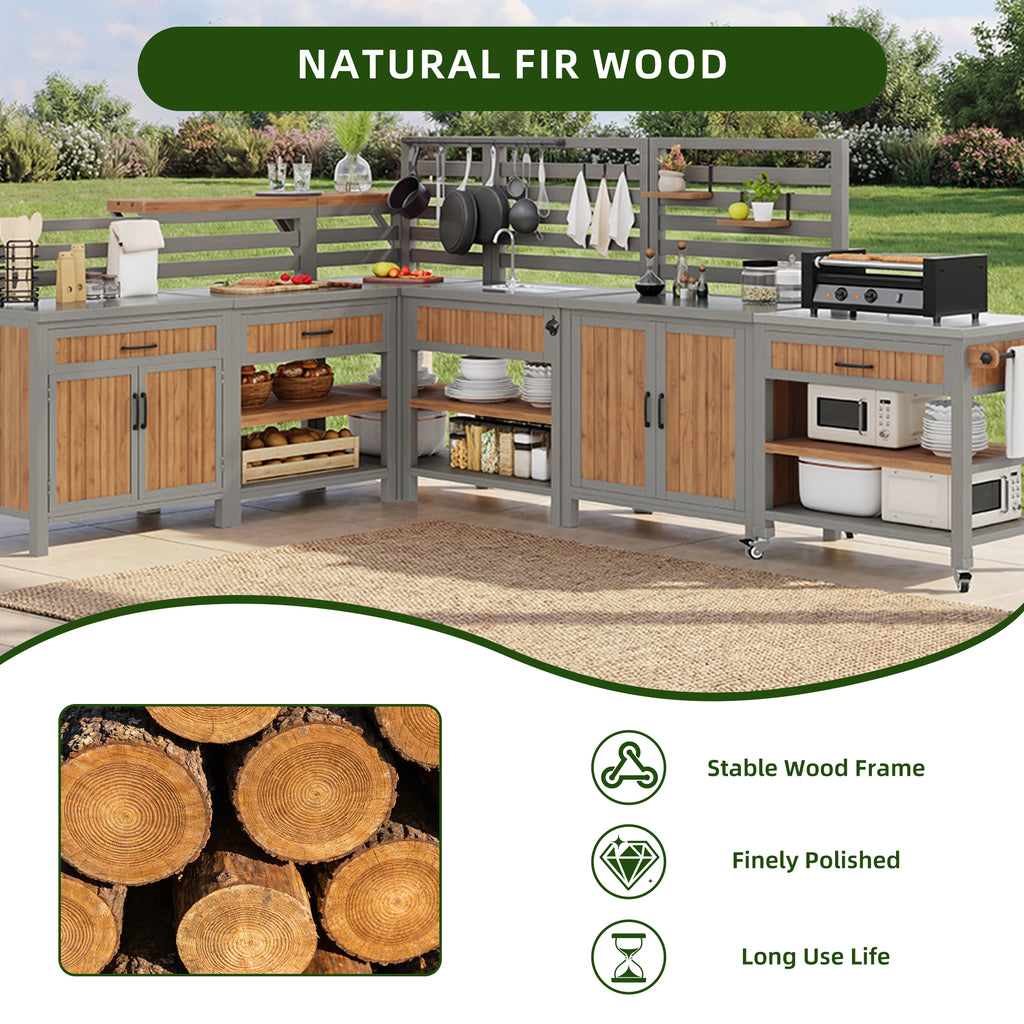 BBQ side table, mobile garden cabinet, weatherproof, stainless steel worktop, wooden garden cabinet, outdoor weatherproof tool cabinet, outdoor cabinet with large work surface and drawer