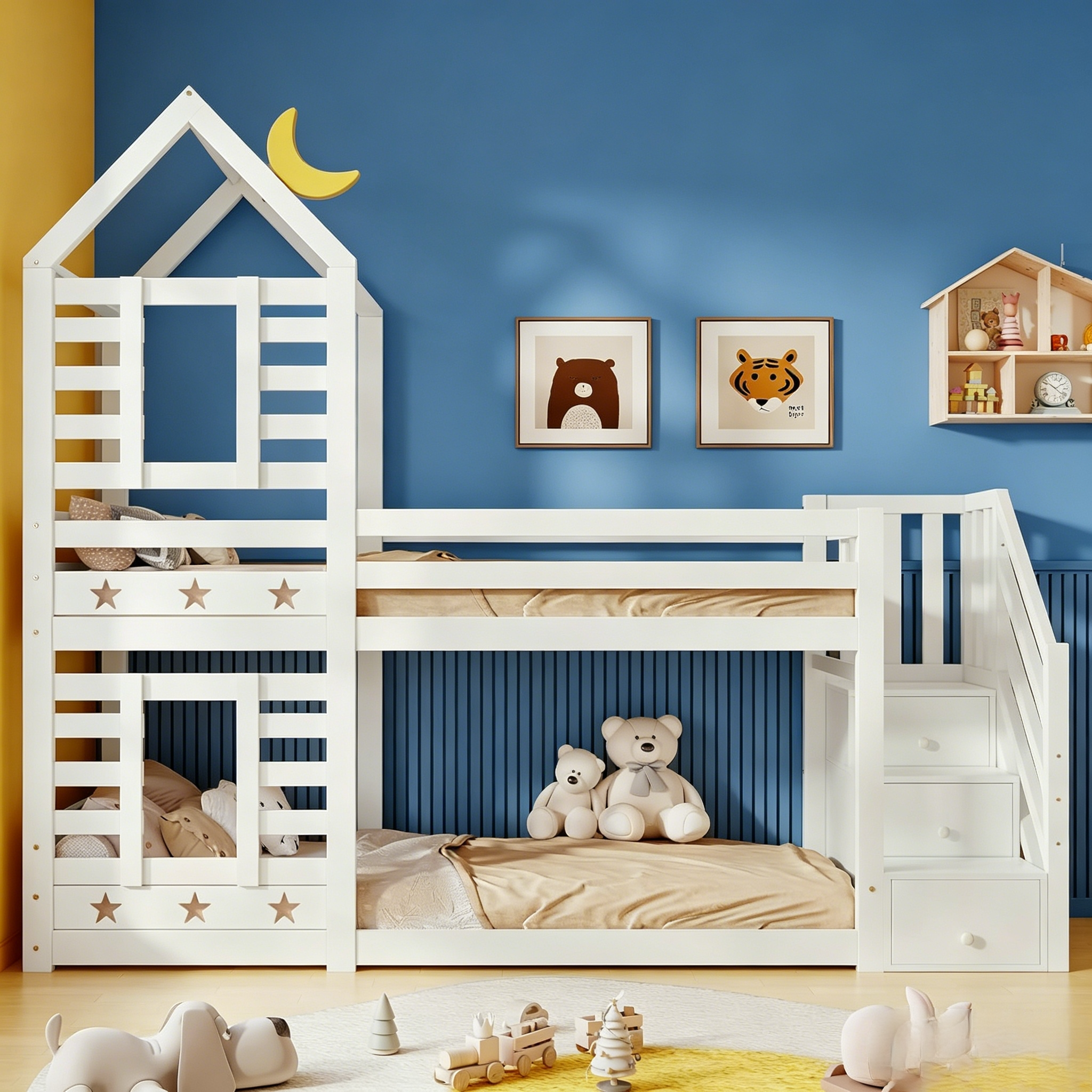 Bunk Bed Storage Children Cabin Bed Single Bed with Window for Kids, Twin Sleeper 190x90 cm, Solid Pine Wood,3FT -White(=SKU:TT30352678W)