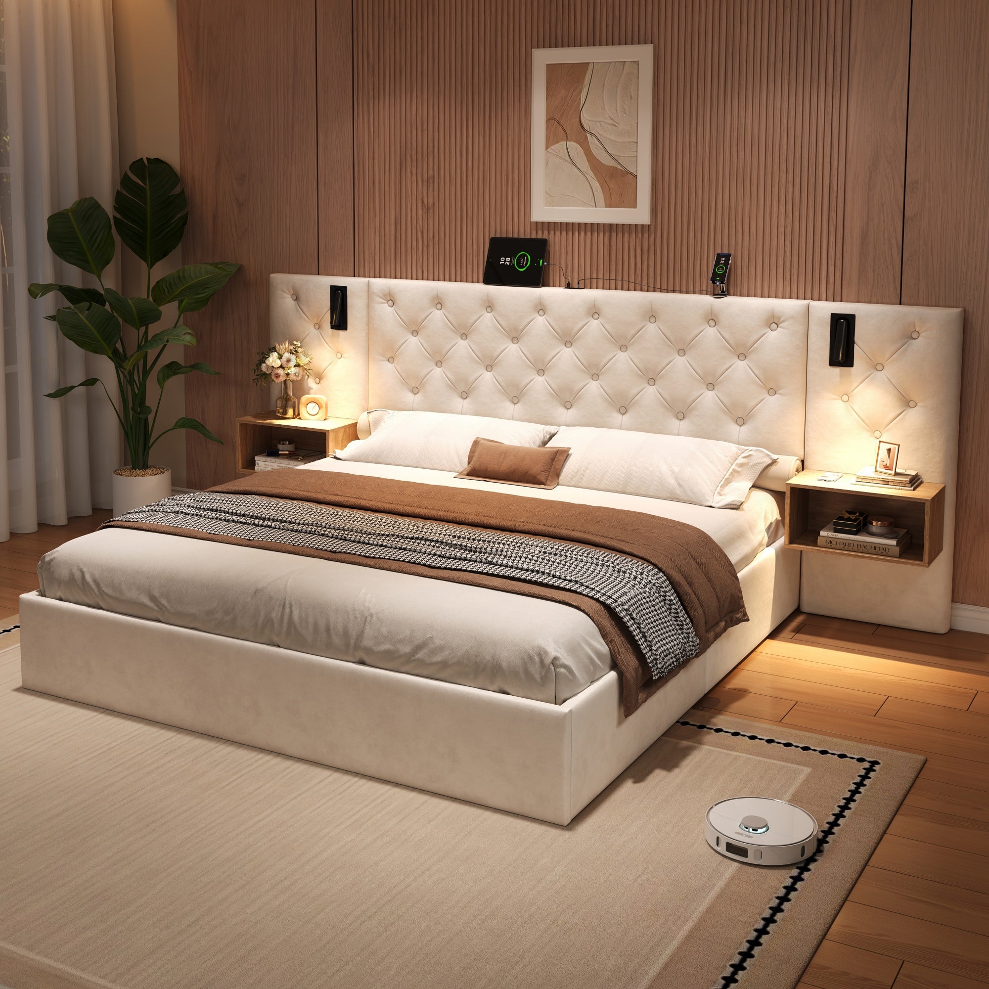 King Upholstered Bed with Charging Station, Velvet Hydraulic Storage Bed with Reading Light, 5ft King Bed Frame with Handmade Button Tufted Wide Headboard and Bedside Storage, Beige (No Mattress)