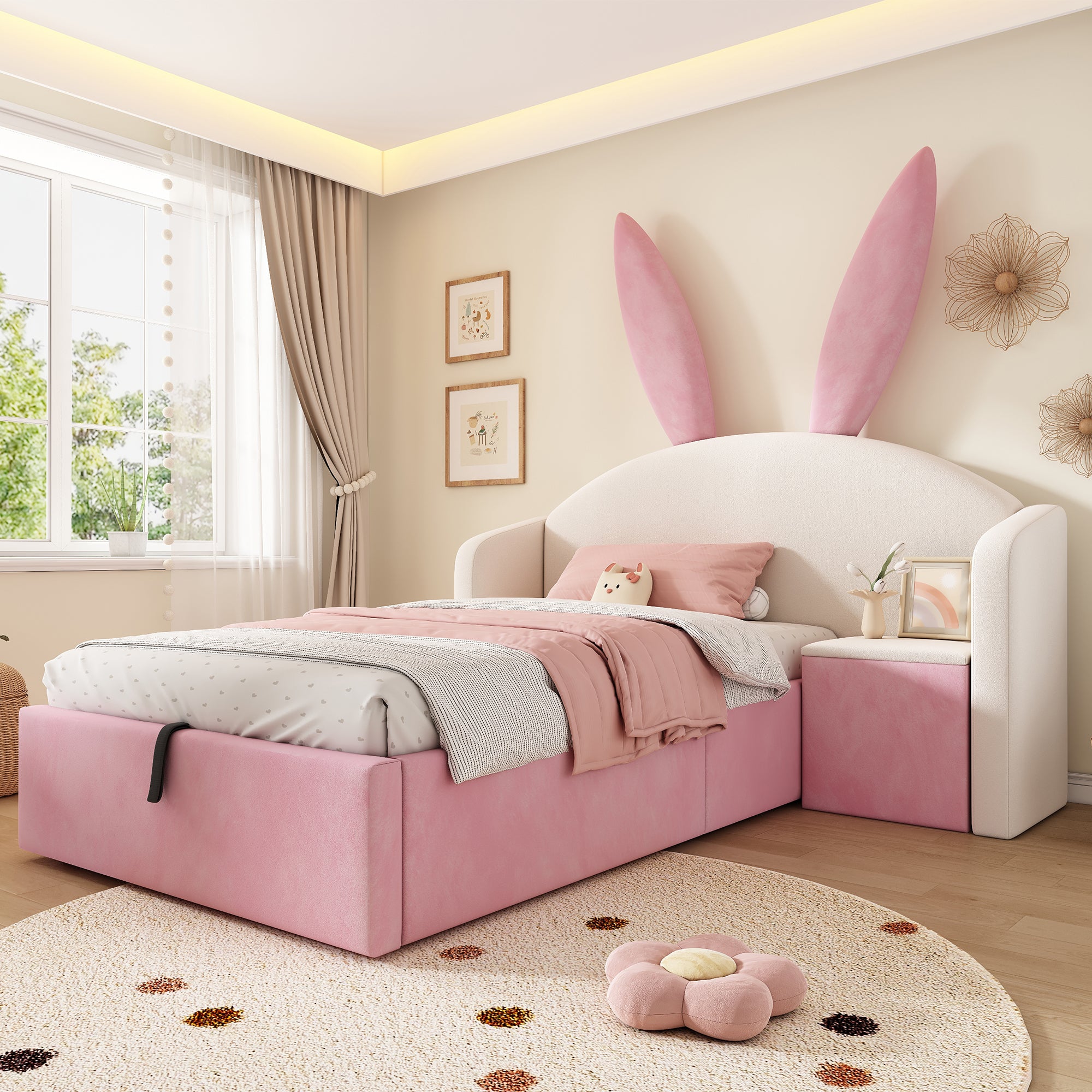 Bunny Ears Kids Bed, Single Upholstered Bed with Hydraulic Storage & Nightstand, Children Bed Frame for Girls Bedroom, 90 x 190 cm, Beige & Pink, No Mattress