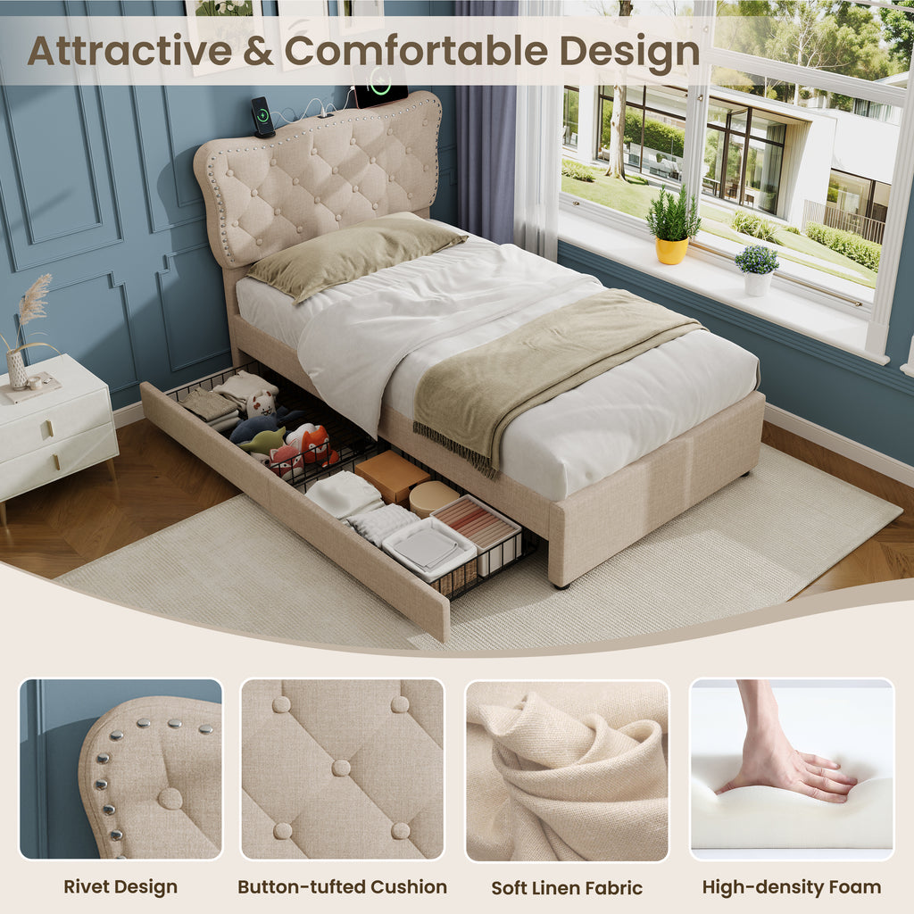 3ft Single Upholstered Bed with Rivet Design and Charging Station, Two Storage Drawers, Adjustable Button Tufted Headboard with USB & Type-C Ports, No Box Spring Needed, Linen, Beige  (No Mattress)