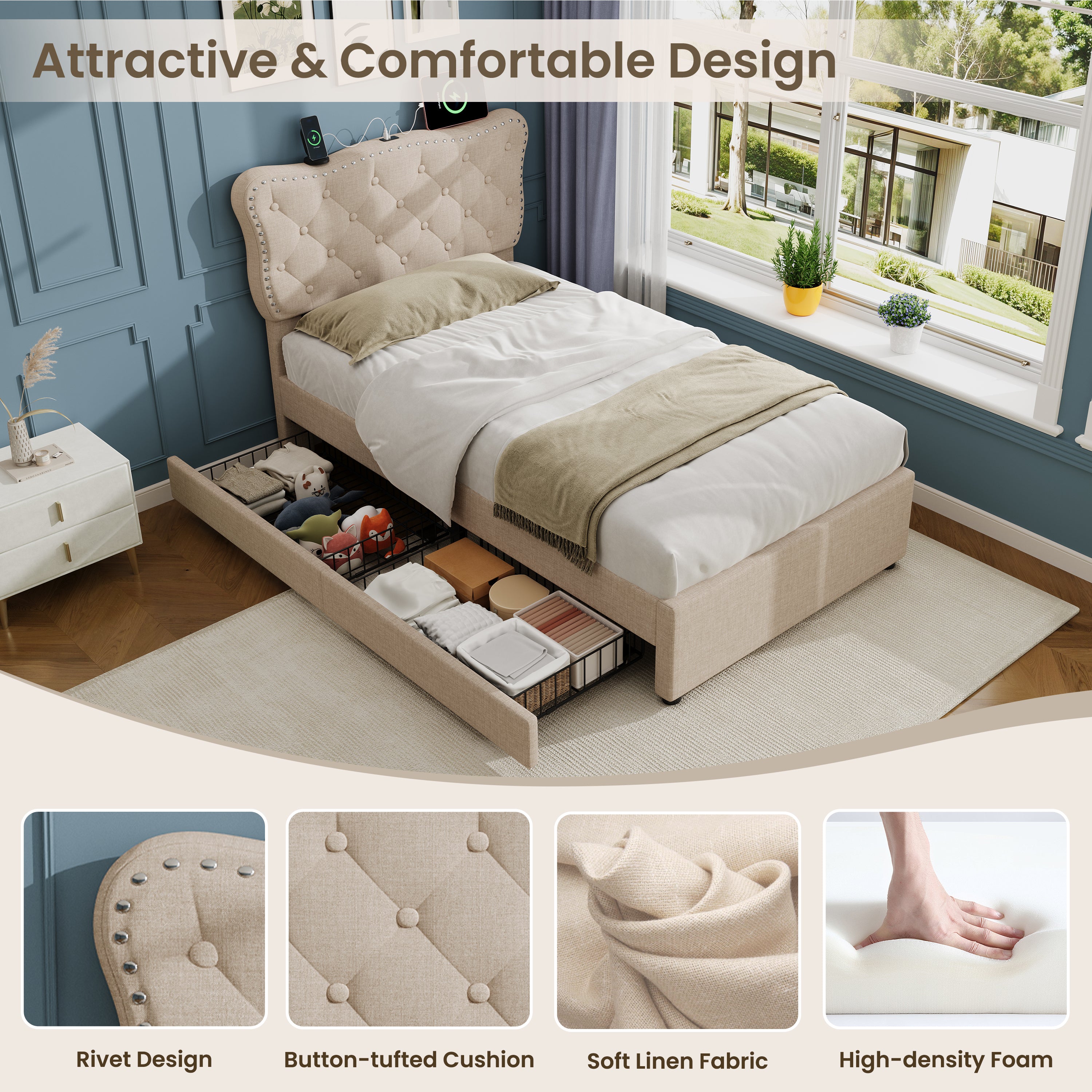 3ft Single Upholstered Bed with Rivet Design and Charging Station, Two Storage Drawers, Adjustable Button Tufted Headboard with USB & Type-C Ports, No Box Spring Needed, Linen, Beige  (No Mattress)